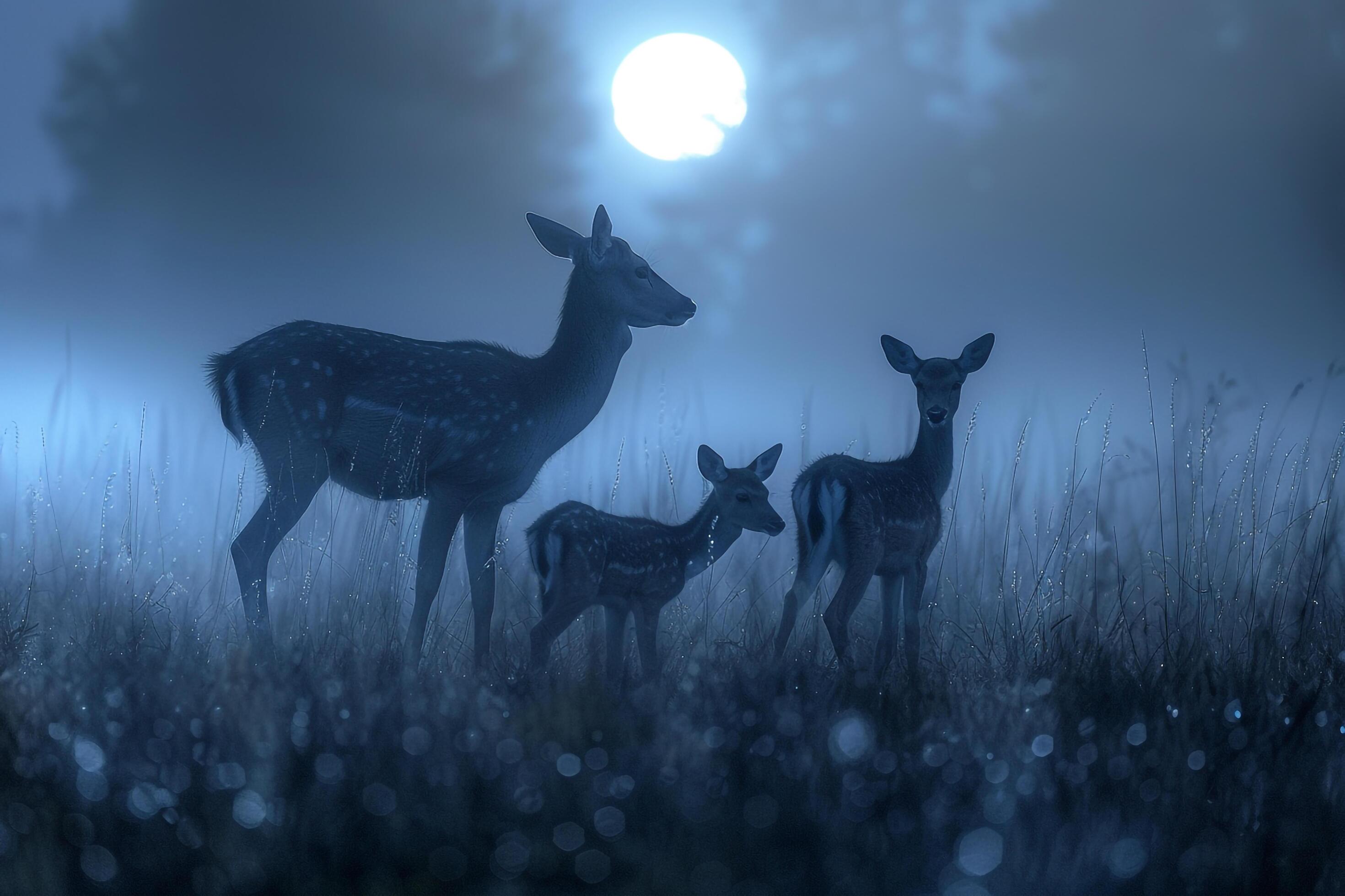 Moonlight Casting Silver Glow on Family of Deer Grazing in Meadow Background in Nature Stock Free