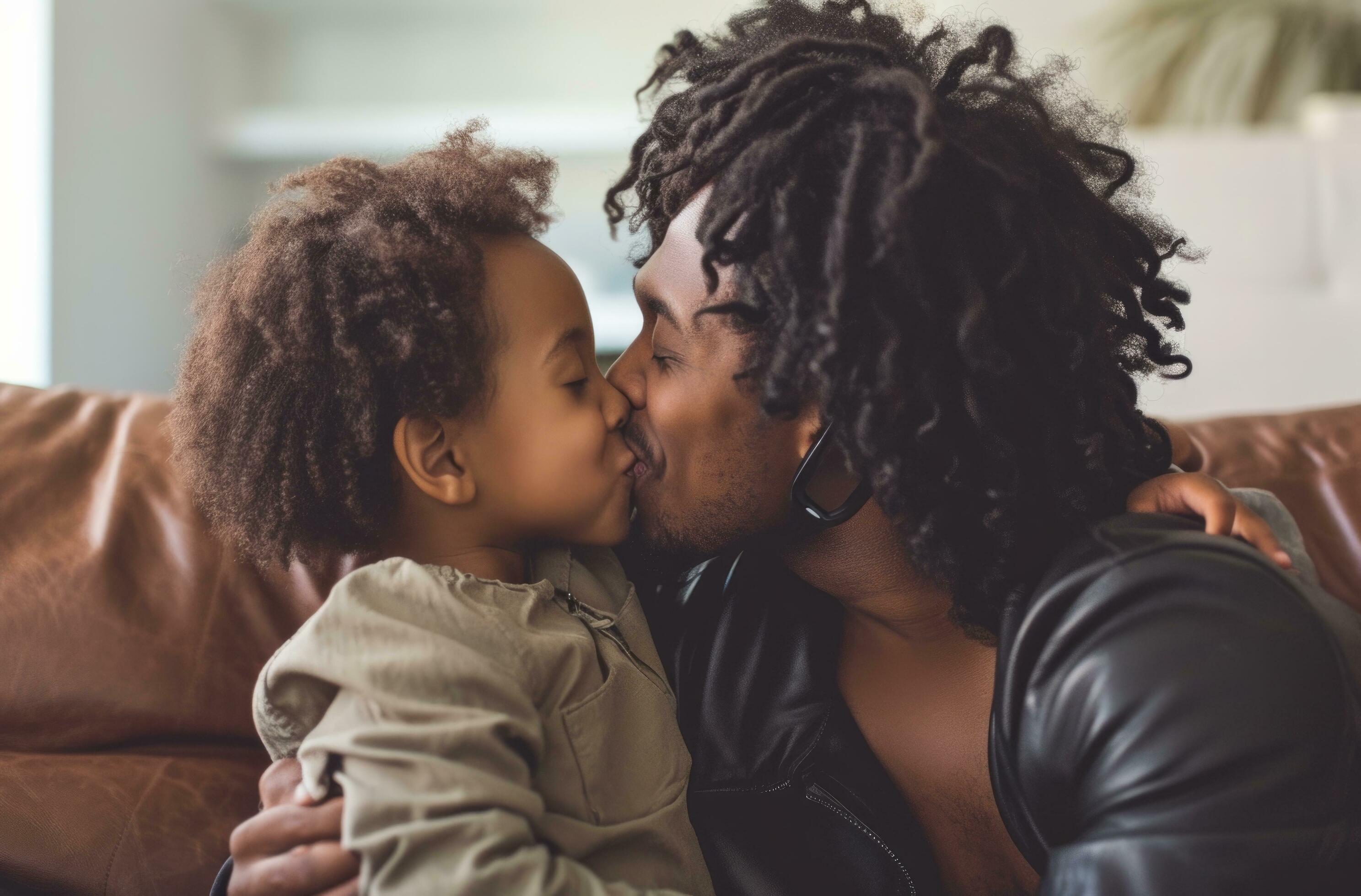 AI generated parent and kid kissing on couch in family room Stock Free