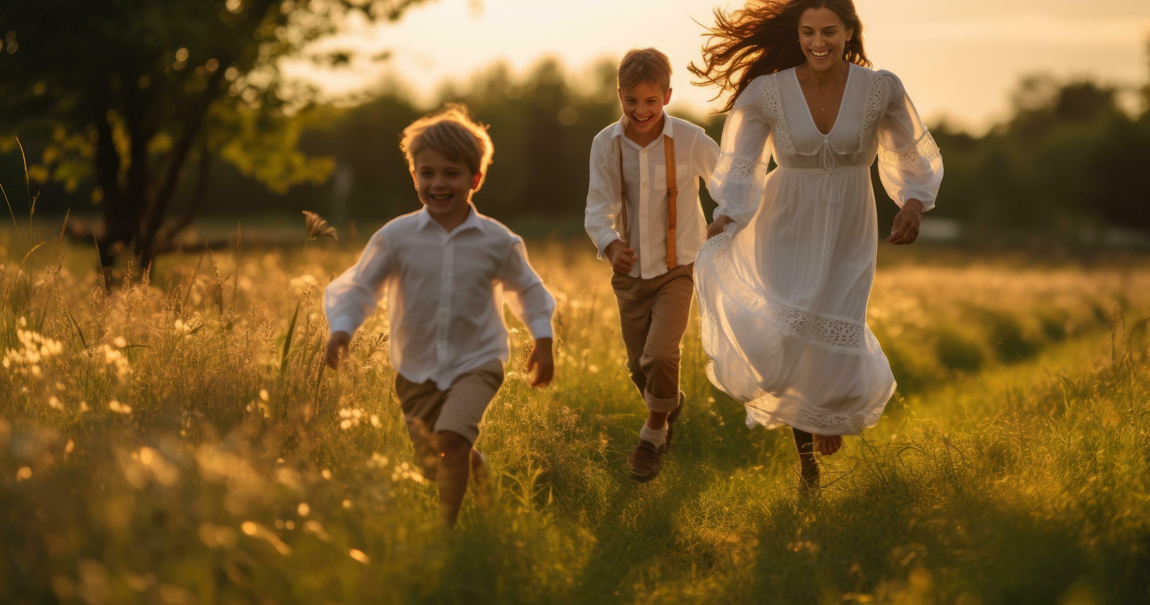 Happy family in running in summer field Stock Free