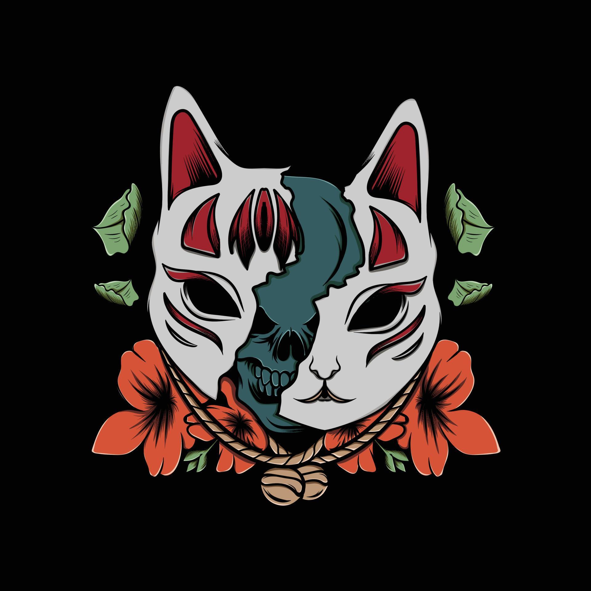 mask kitsune illustration with flower colorful Stock Free