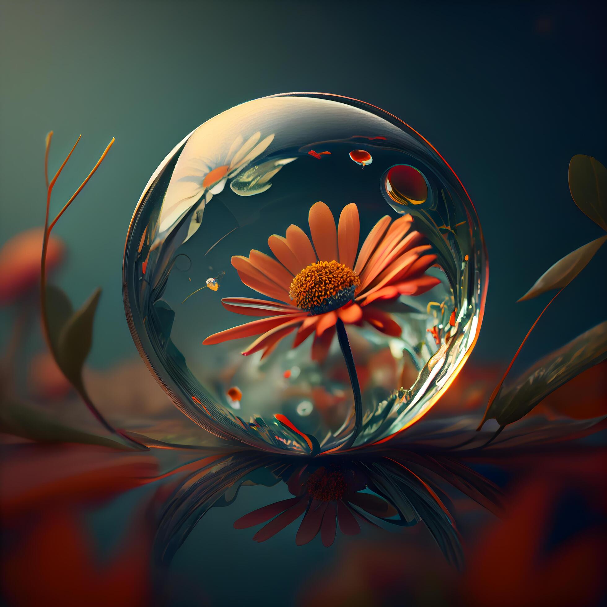 Beautiful flower in a glass ball with reflection on a dark background, Image Stock Free