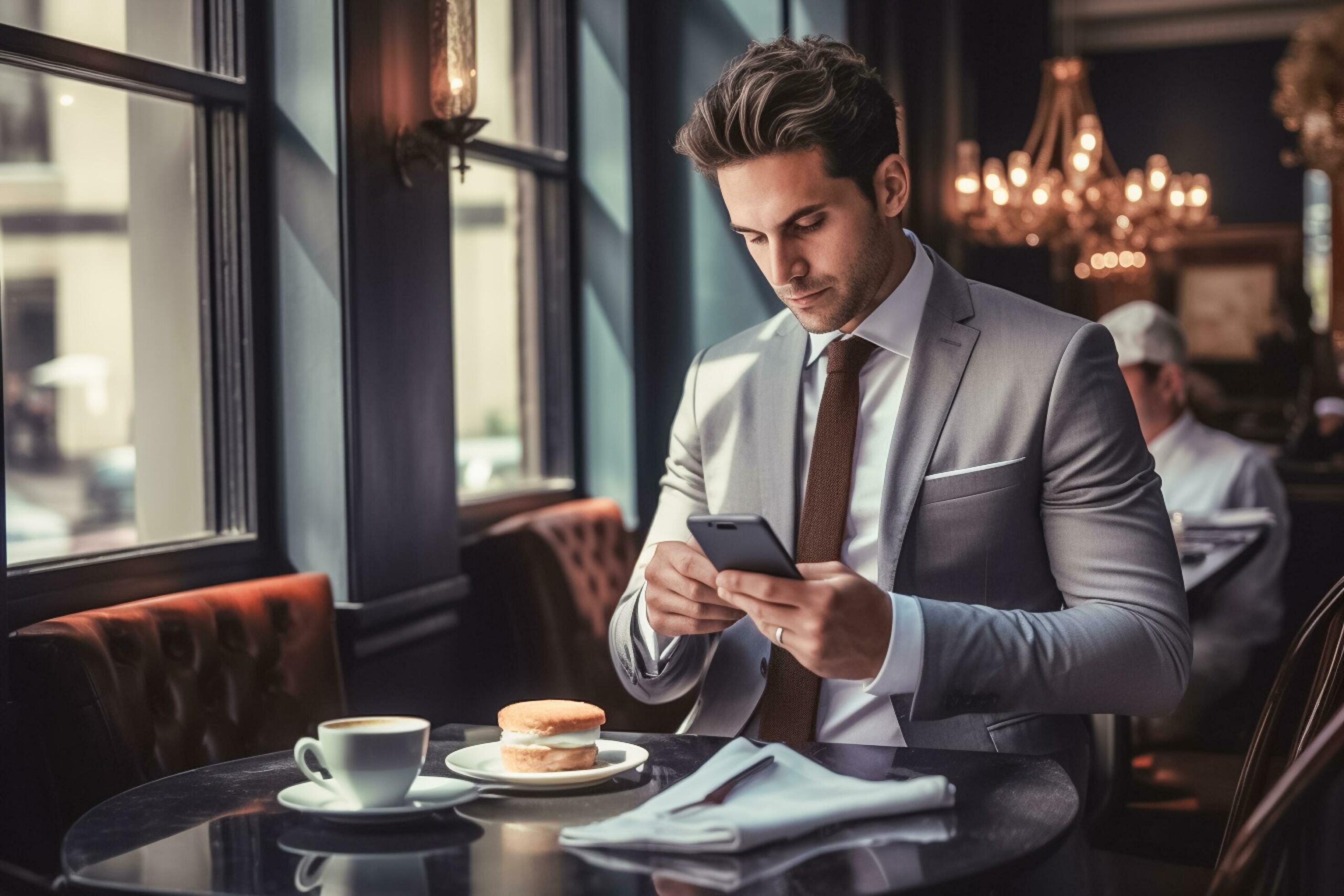 Portrait of Businessman wearing suit using smart phone and take a coffee . AI Generated Free Photo