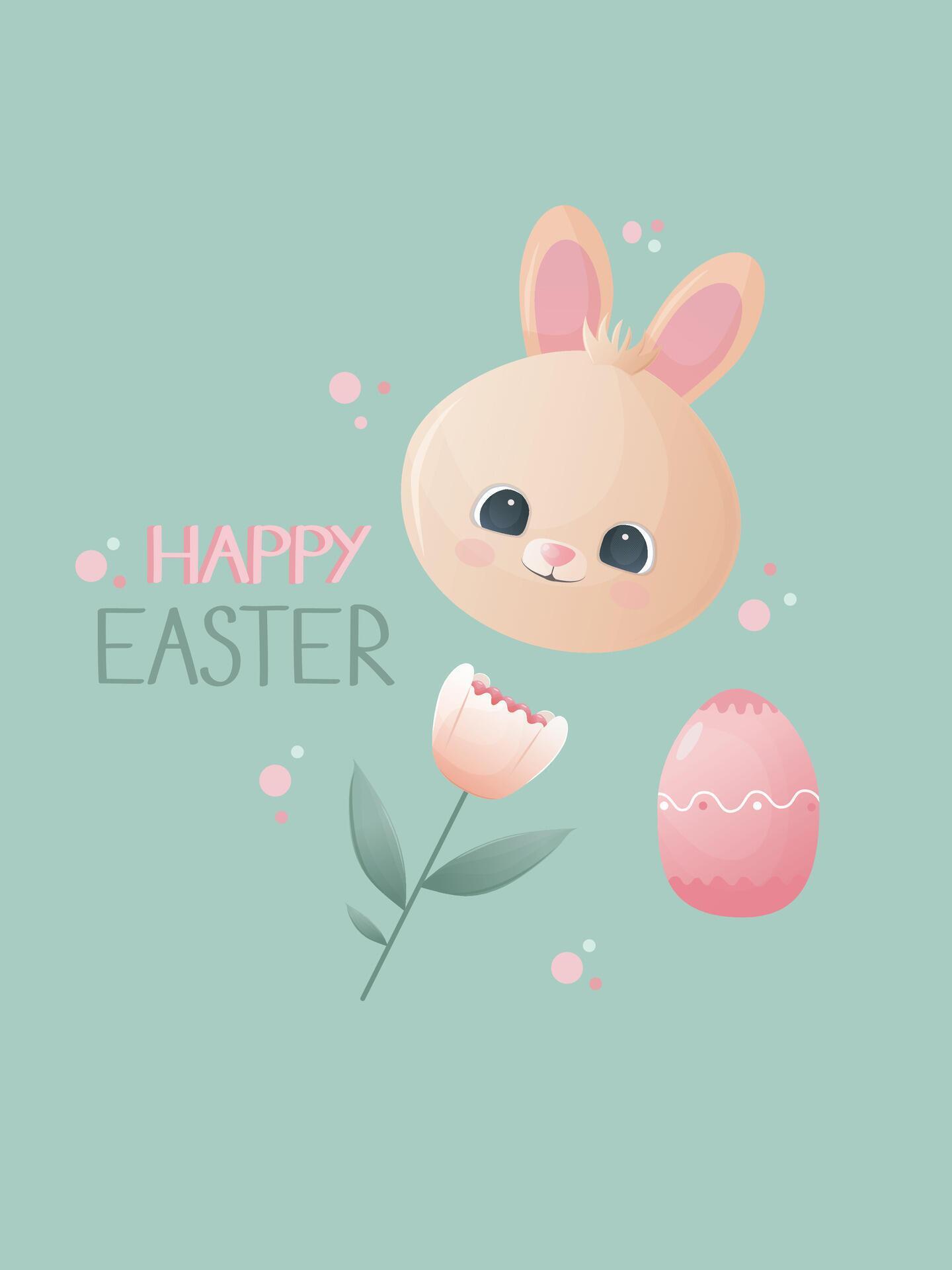 Bunny Easter vector gift card or poster with flower and decorated egg. Stock Free