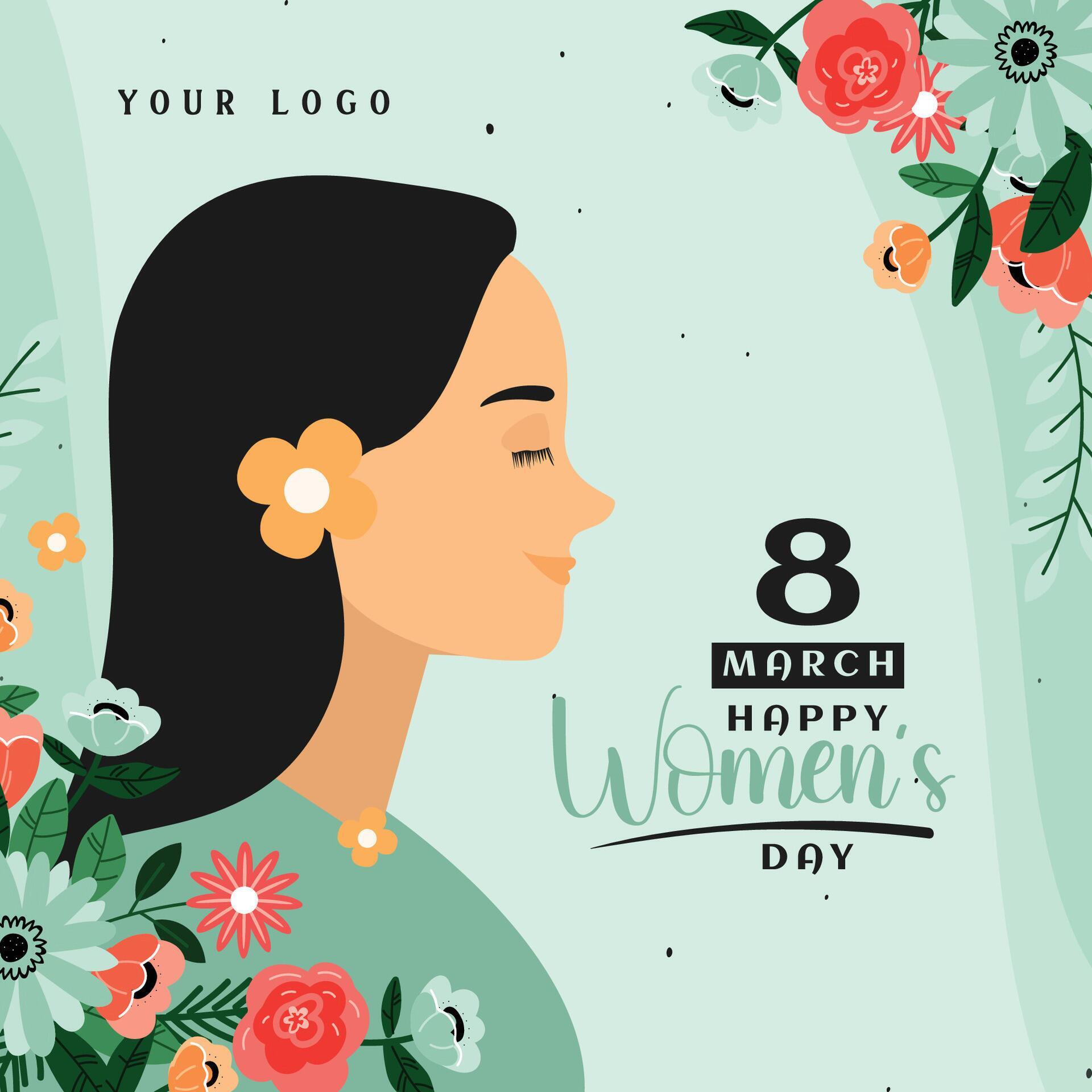 8 march womens day greeting card design with young woman illustration and flower Stock Free