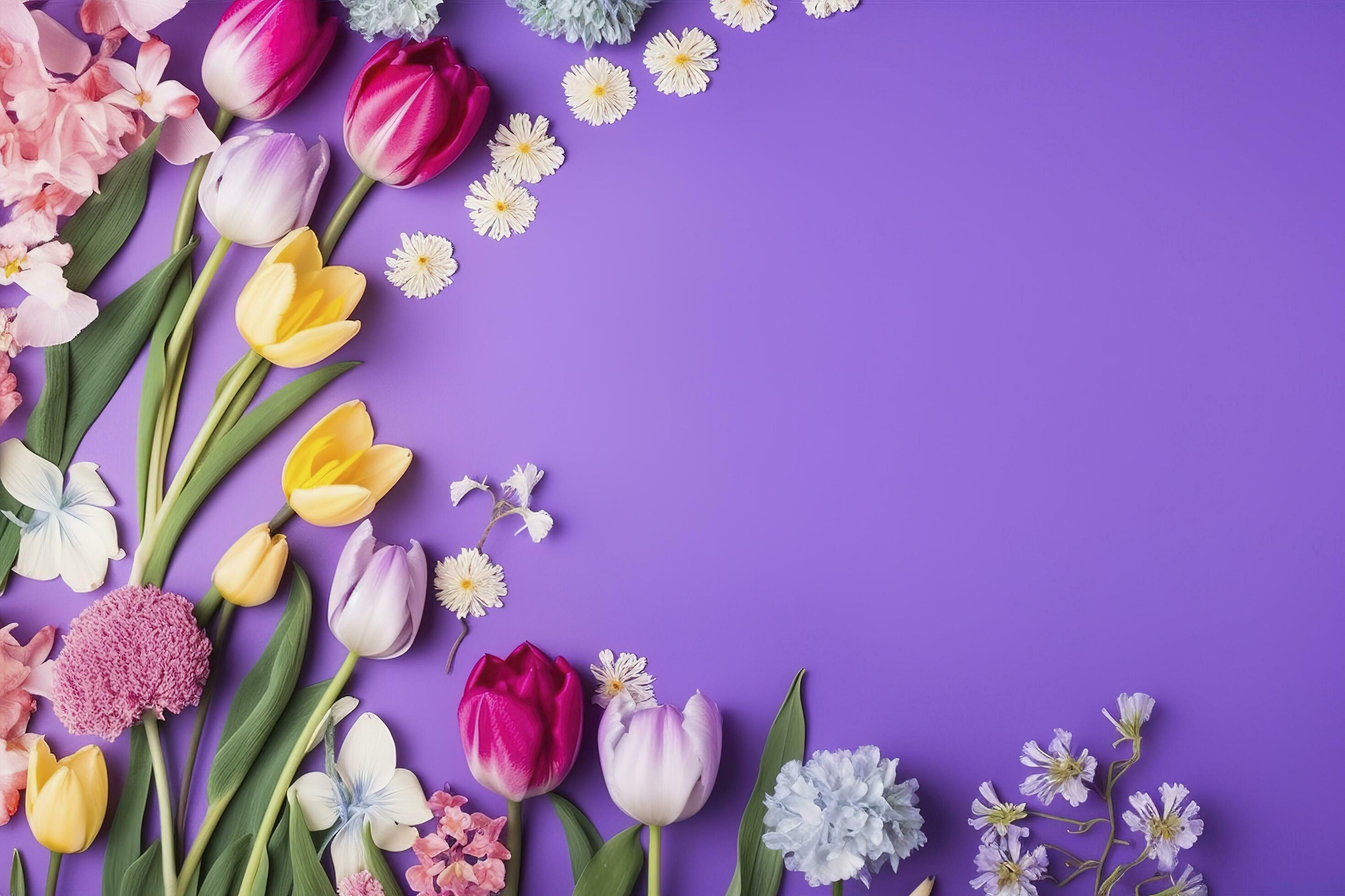 multicolored spring flowers on purple background , generate ai Stock Free