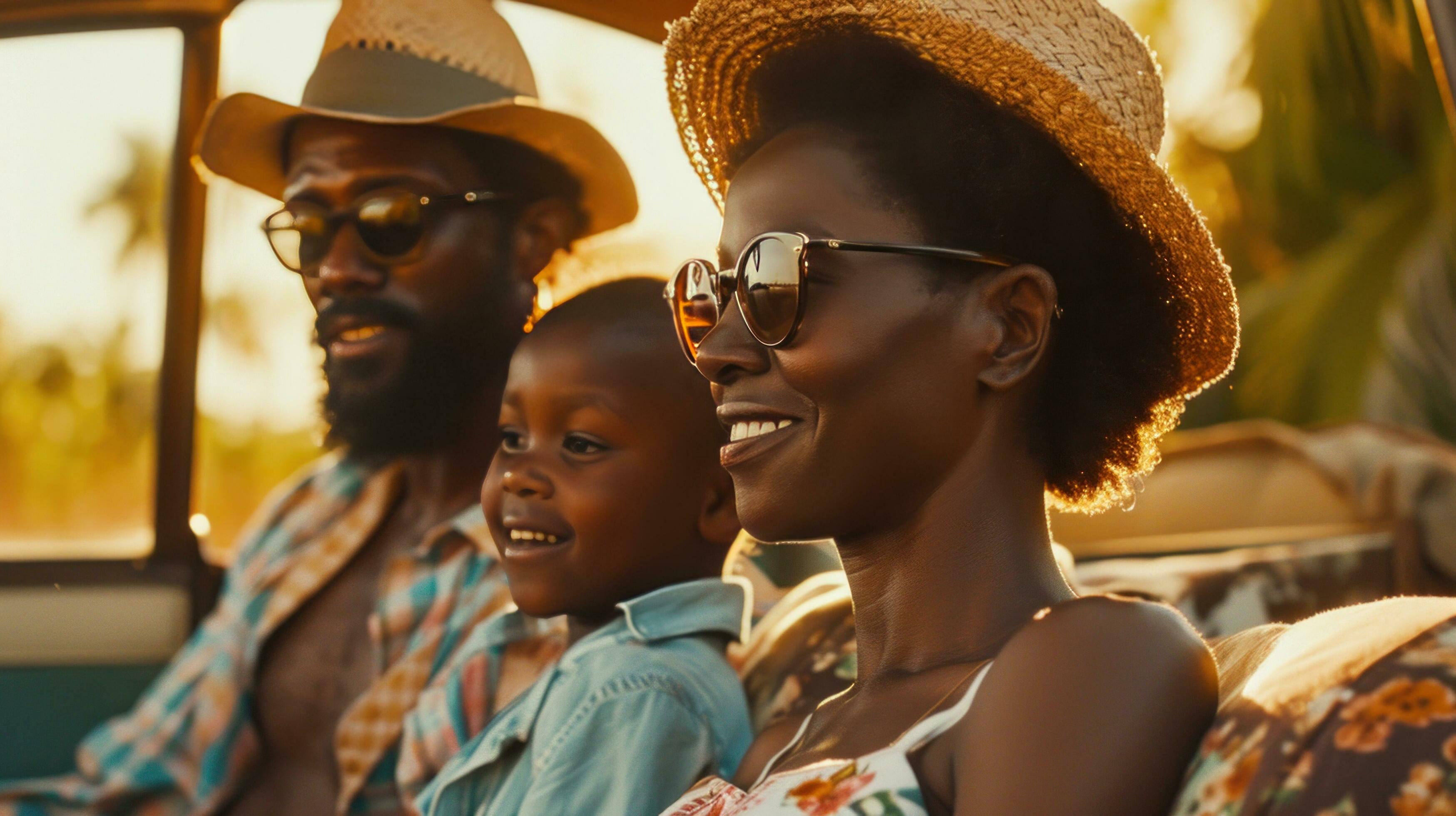 AI generated happy black american family on their way to the beach Stock Free