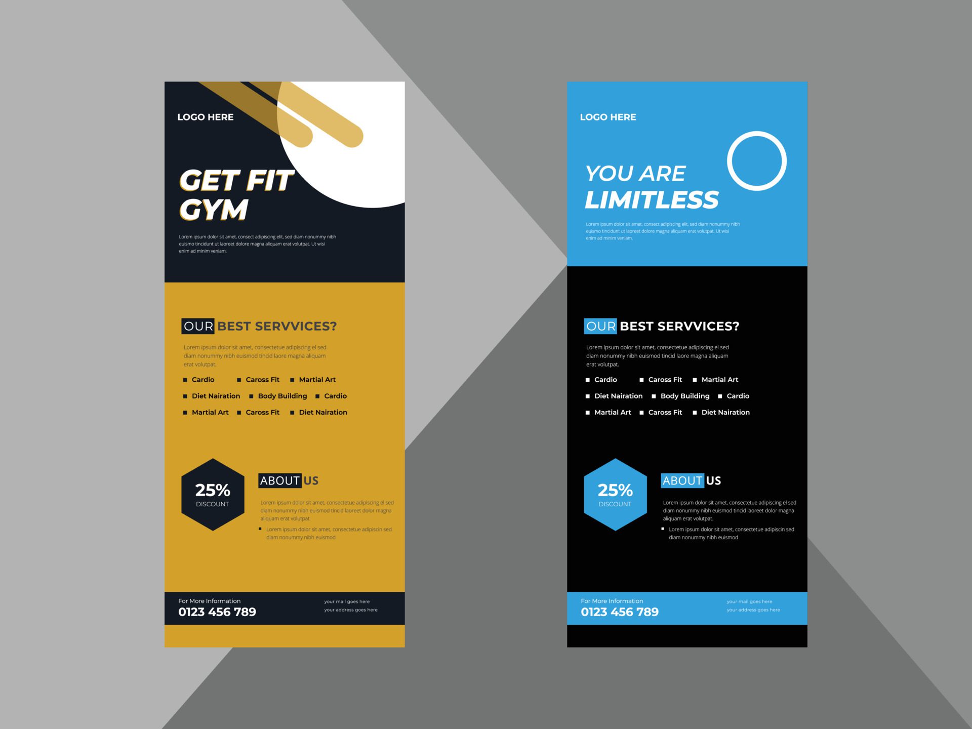 Gym Roll Up Banner design template. Fitness poster Roll Up leaflet design. Gym Roll Up Sport Event Poster, Fitness Studio Promotional DL Flyer Free Vector