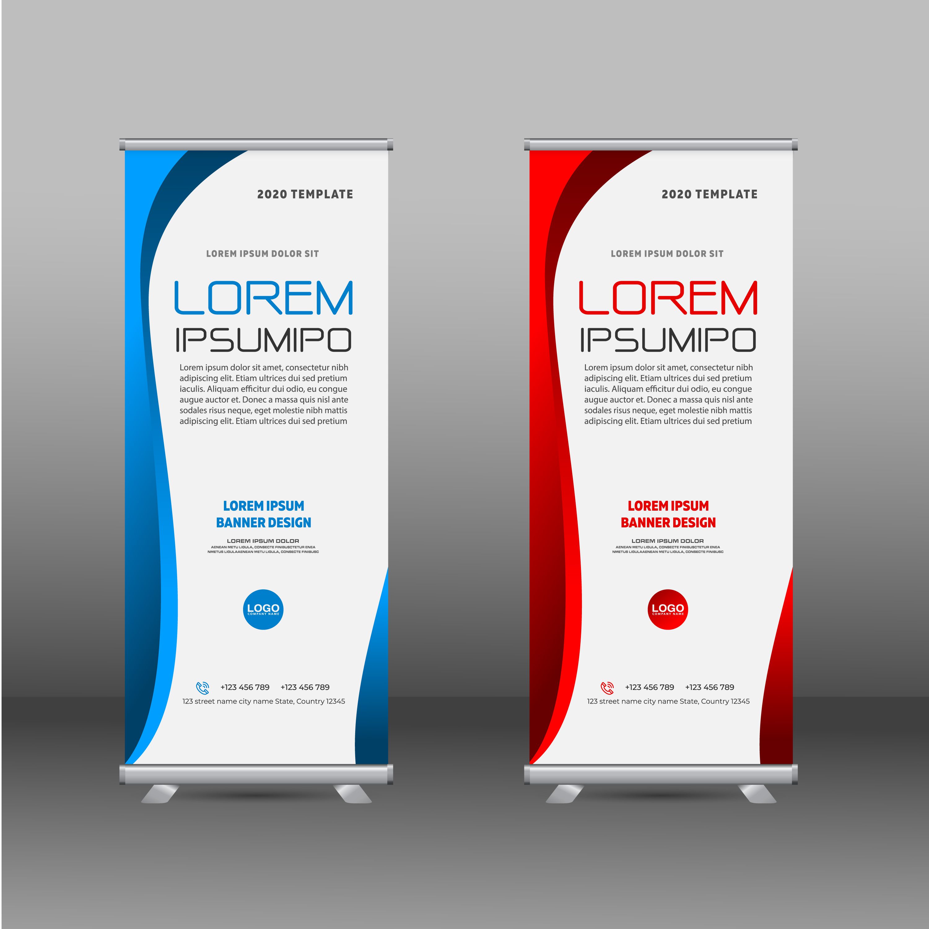 Modern roll up banners with curved red and blue border Free Vector