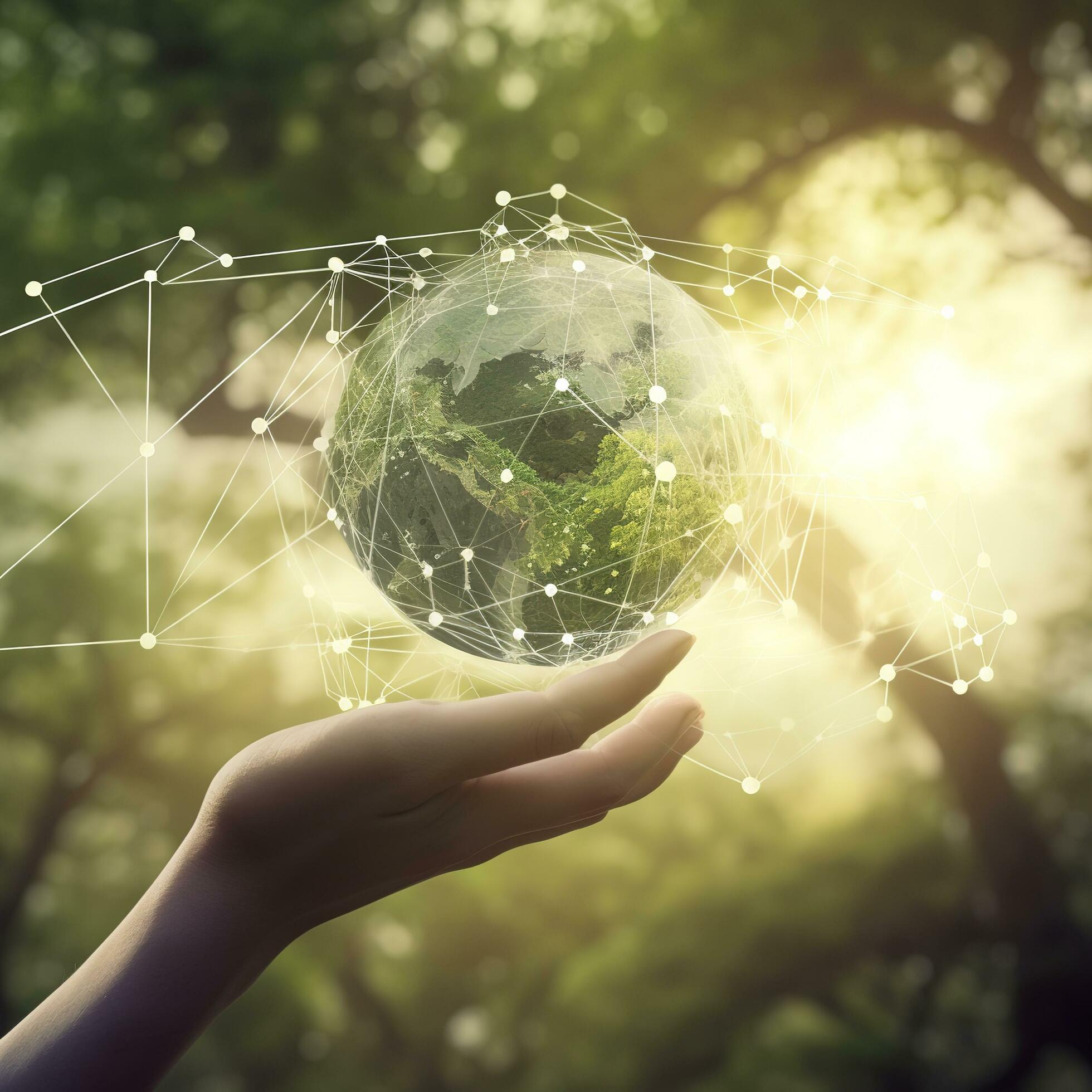 Man hands holding global network and data customer connection on nature background , generat ai Stock Free