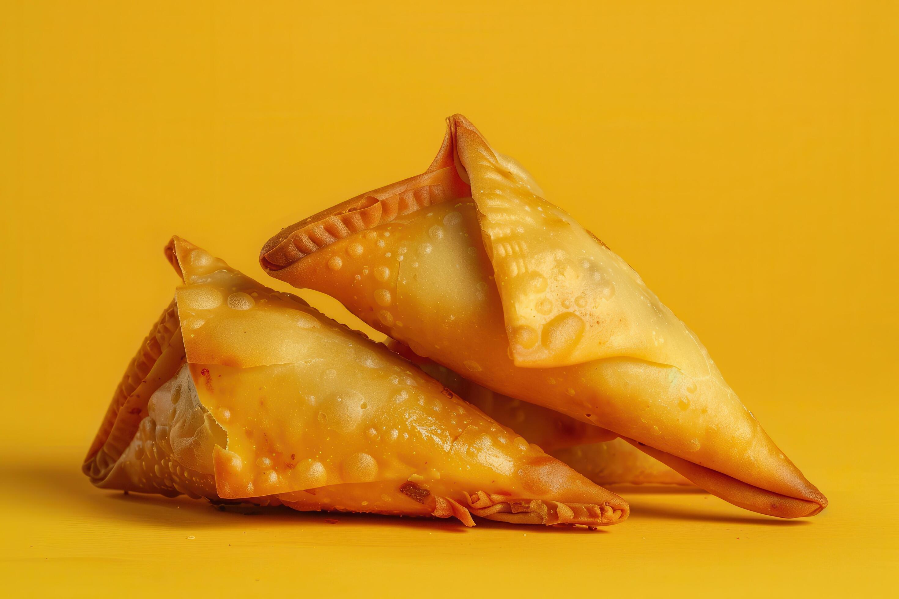 Three Crispy Golden Brown Samosas on Yellow Background Stock Free