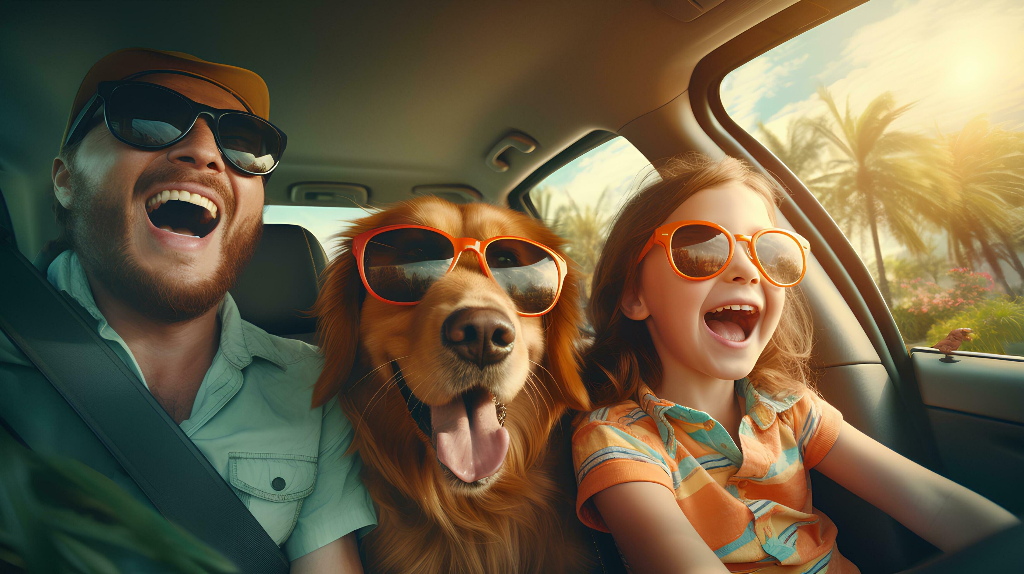 Family of father and daughter with dog driving away on vacation.created by generative AI Stock Free