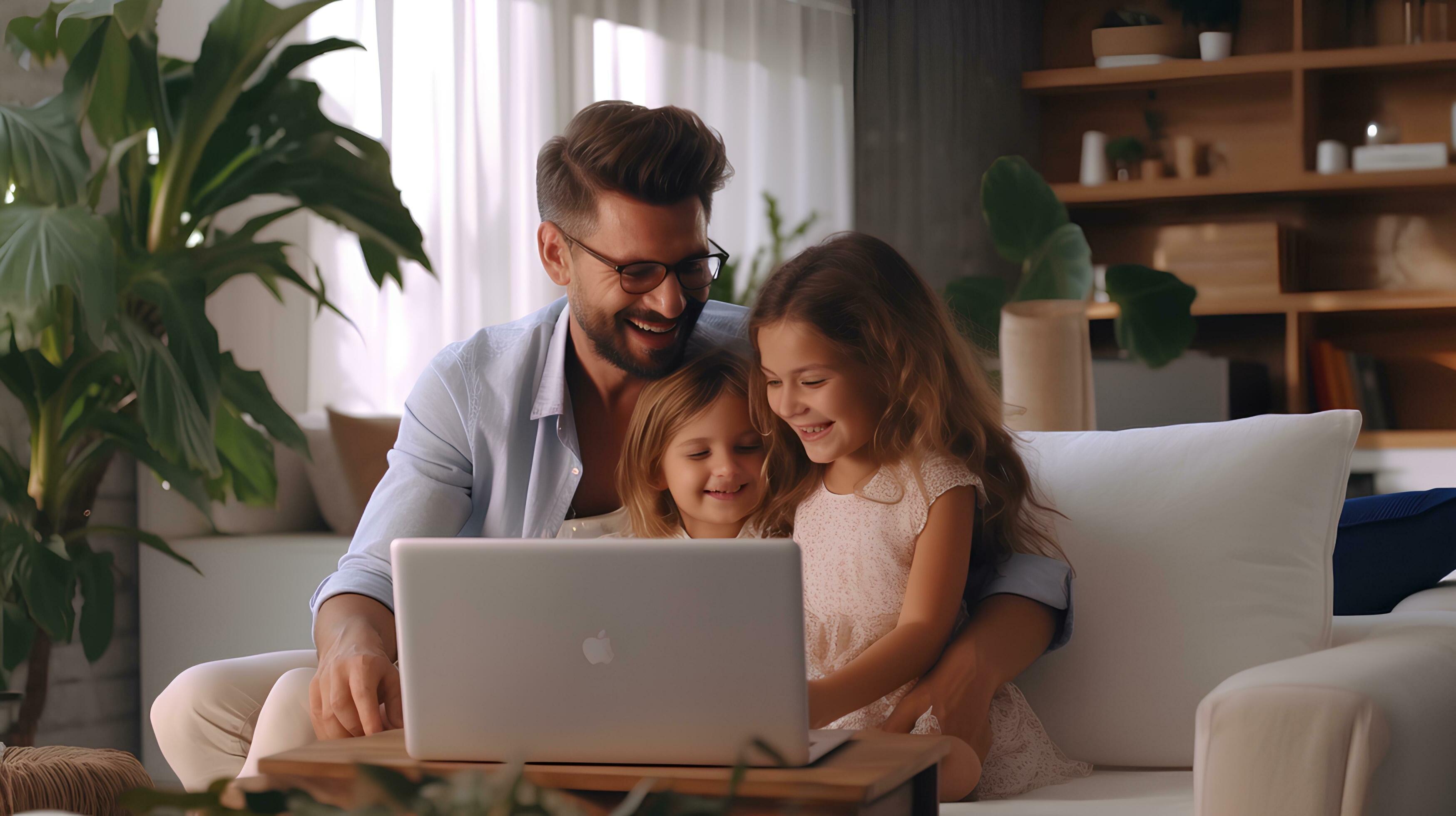 Family of father, mother and 2 daughters learning on laptop On the sofa in the living room at home.created by generative AI Stock Free