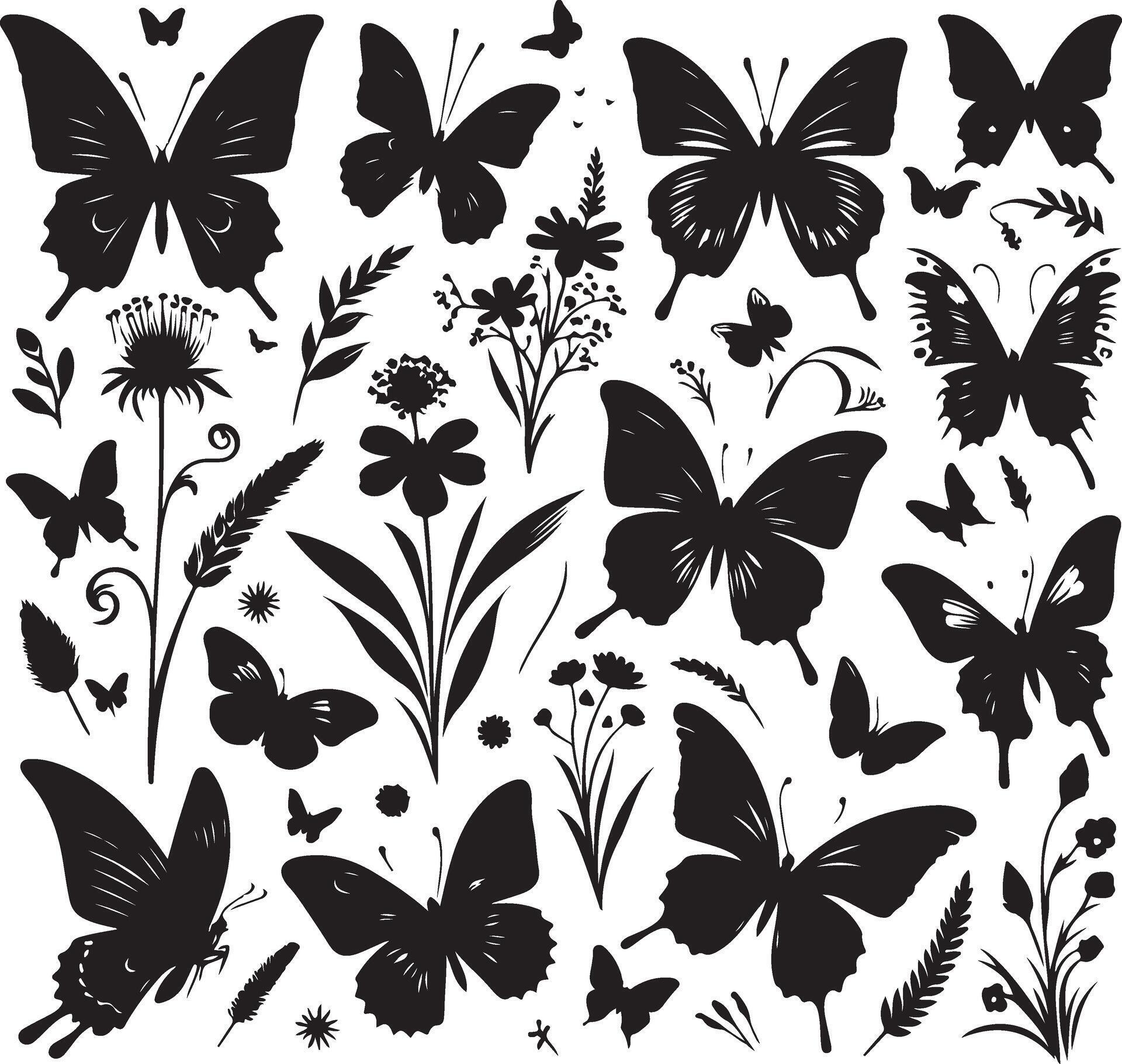 Butterflies and flowers, pattern with butterflies, set of butterflies, Flying butterflies silhouette black set isolated on white background Stock Free