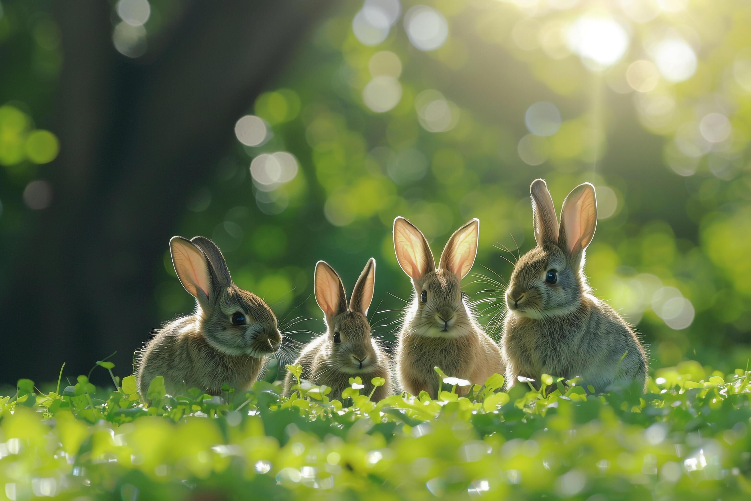 Family of Rabbits Nibbling on Fresh Green Grass in a Sunlit Meadow Nature Background Stock Free