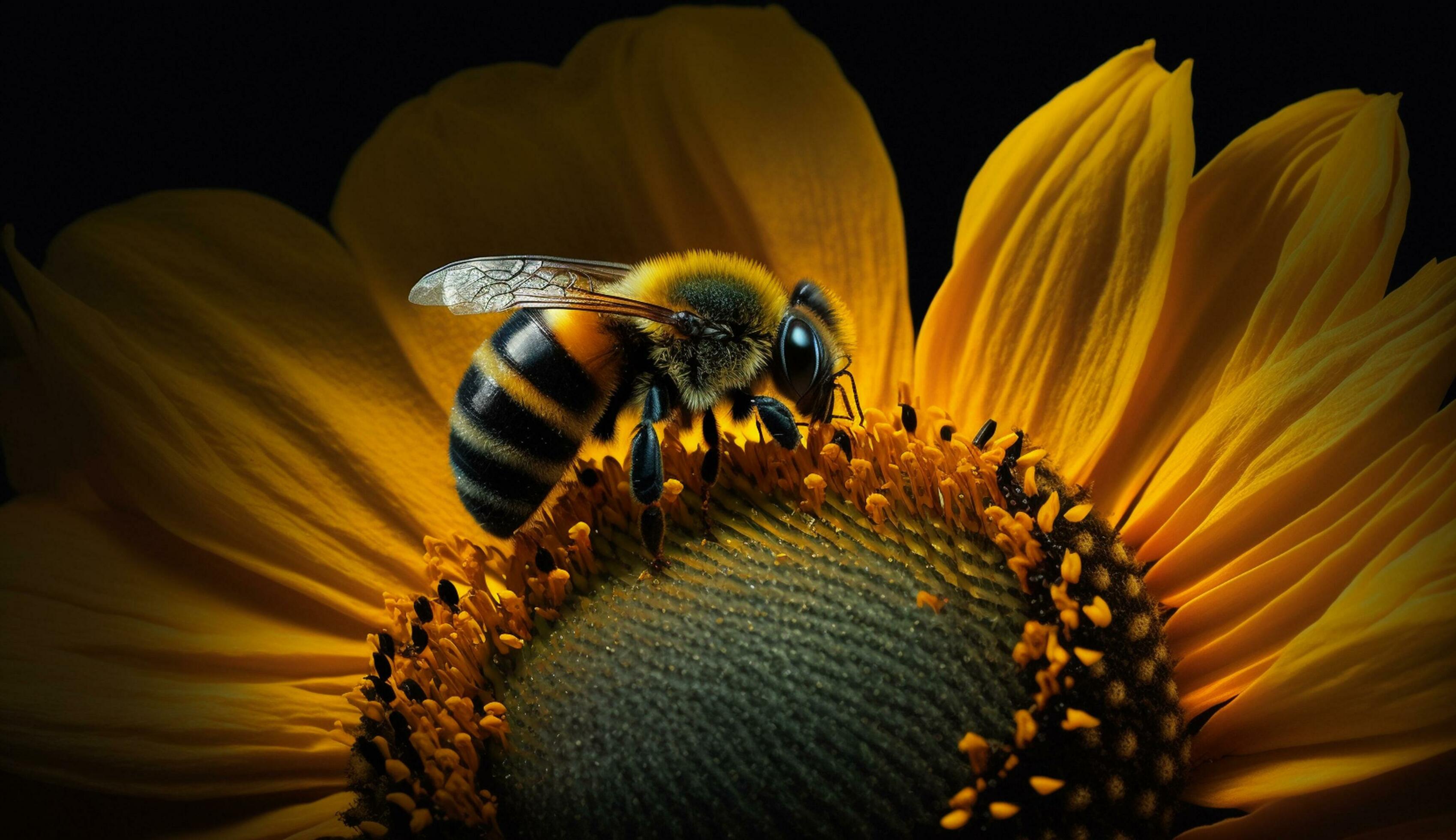 Busy bee pollinates yellow flower in nature beauty generated by AI Stock Free