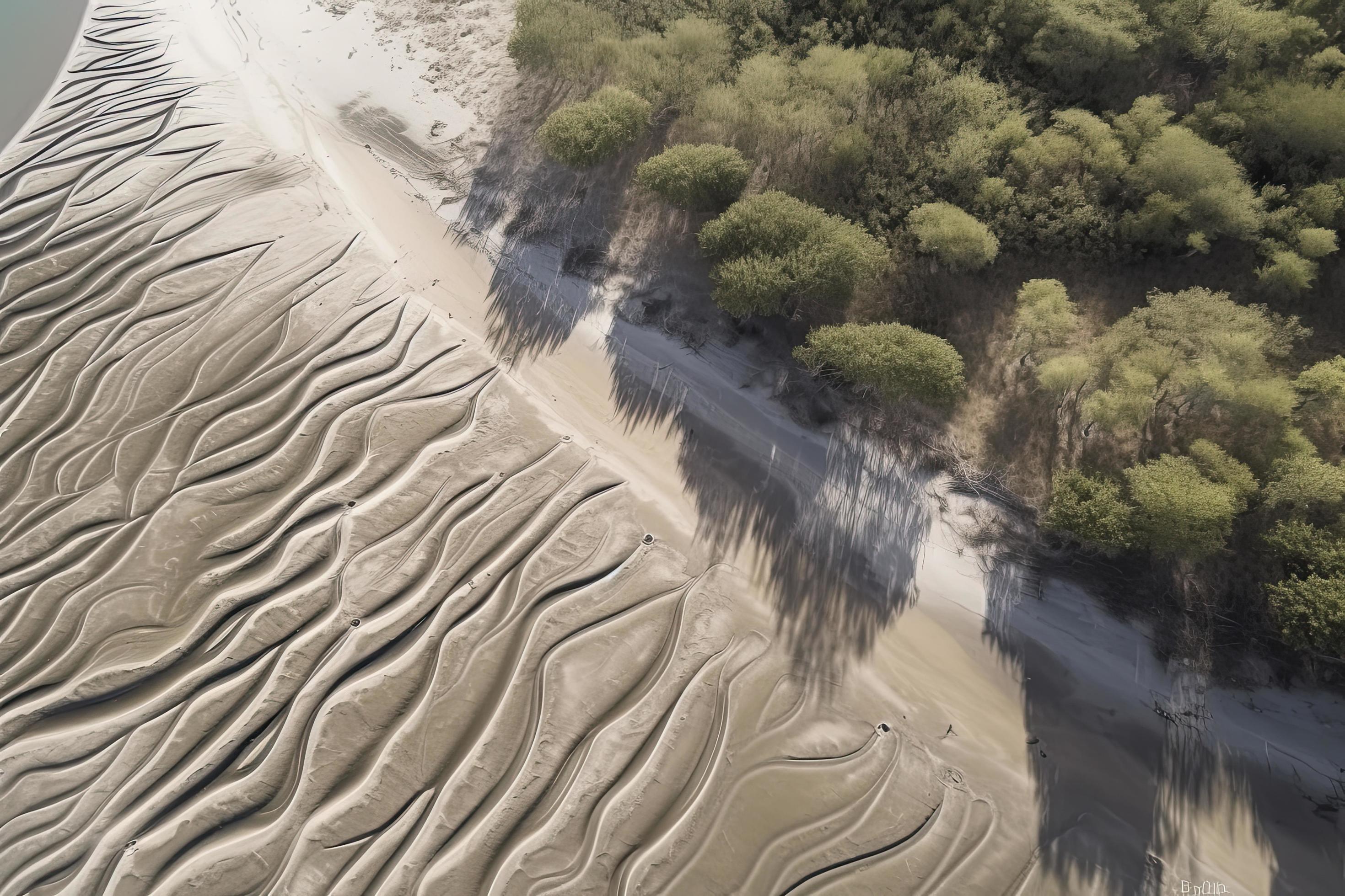 Aerial view of natural patterns in the sand at low tide near mangrove tree forest. Stock Free