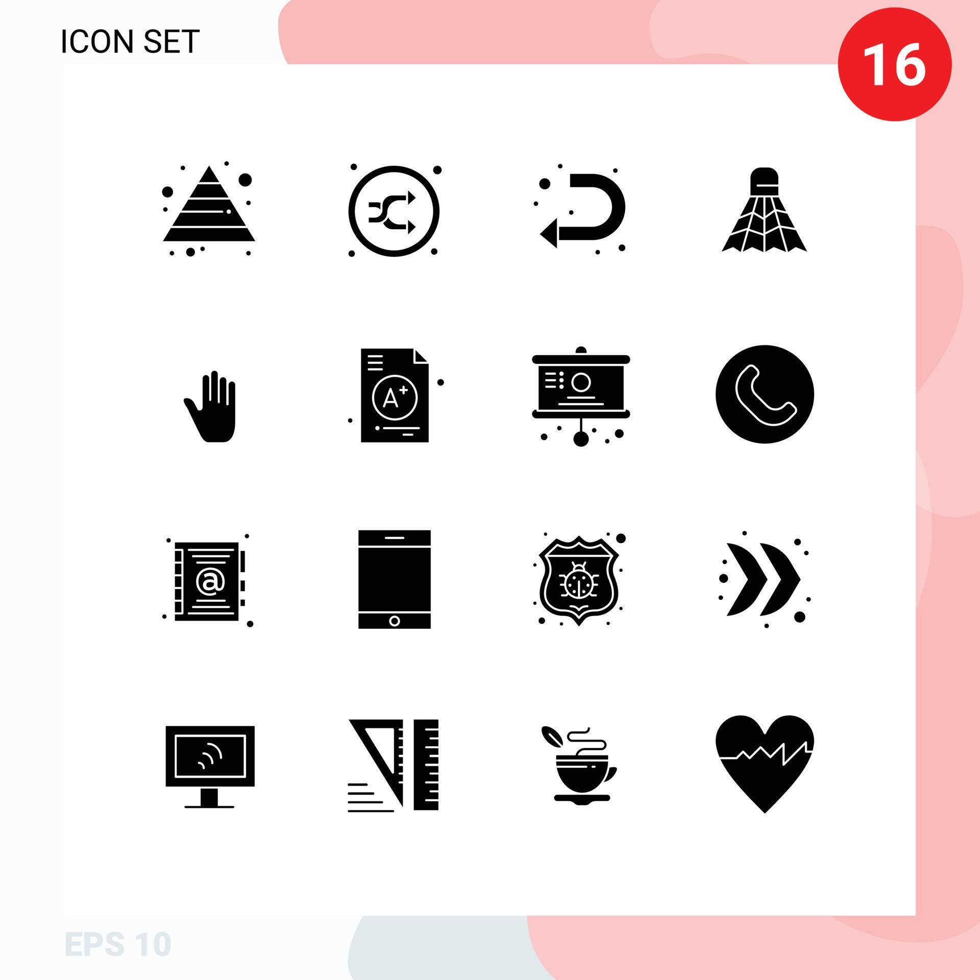 Group of 16 Solid Glyphs Signs and Symbols for gestures game arrow sport badminton Editable Vector Design Elements Stock Free