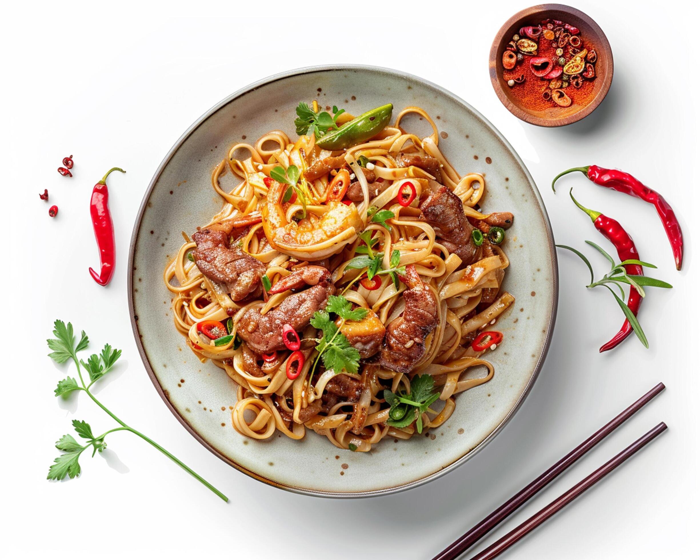 chinese noodles with beef and vegetables on white background Stock Free