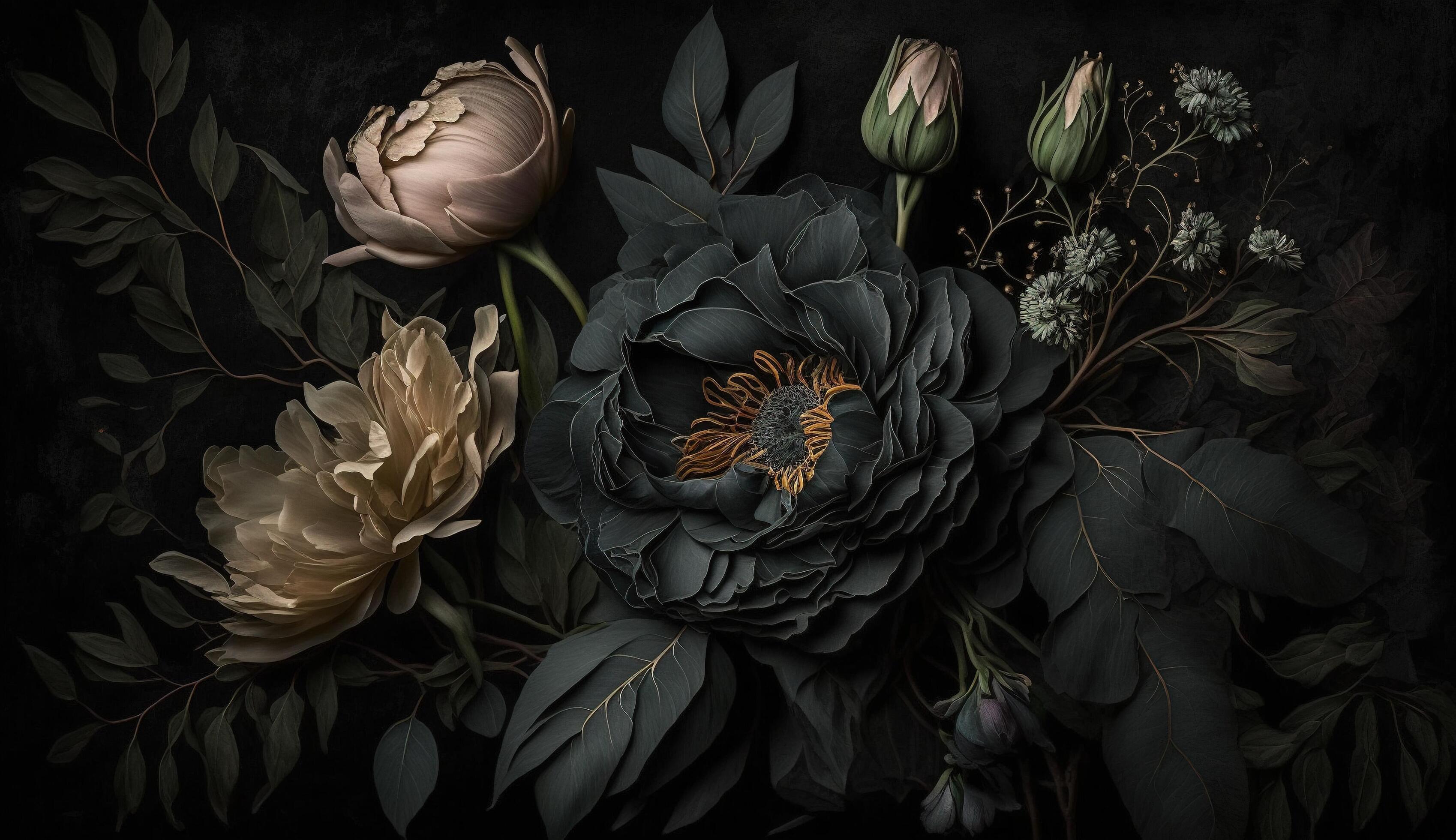 , Close up of blooming flowerbeds of amazing black flowers on dark gothic moody floral textured background. Photorealistic effect. Stock Free