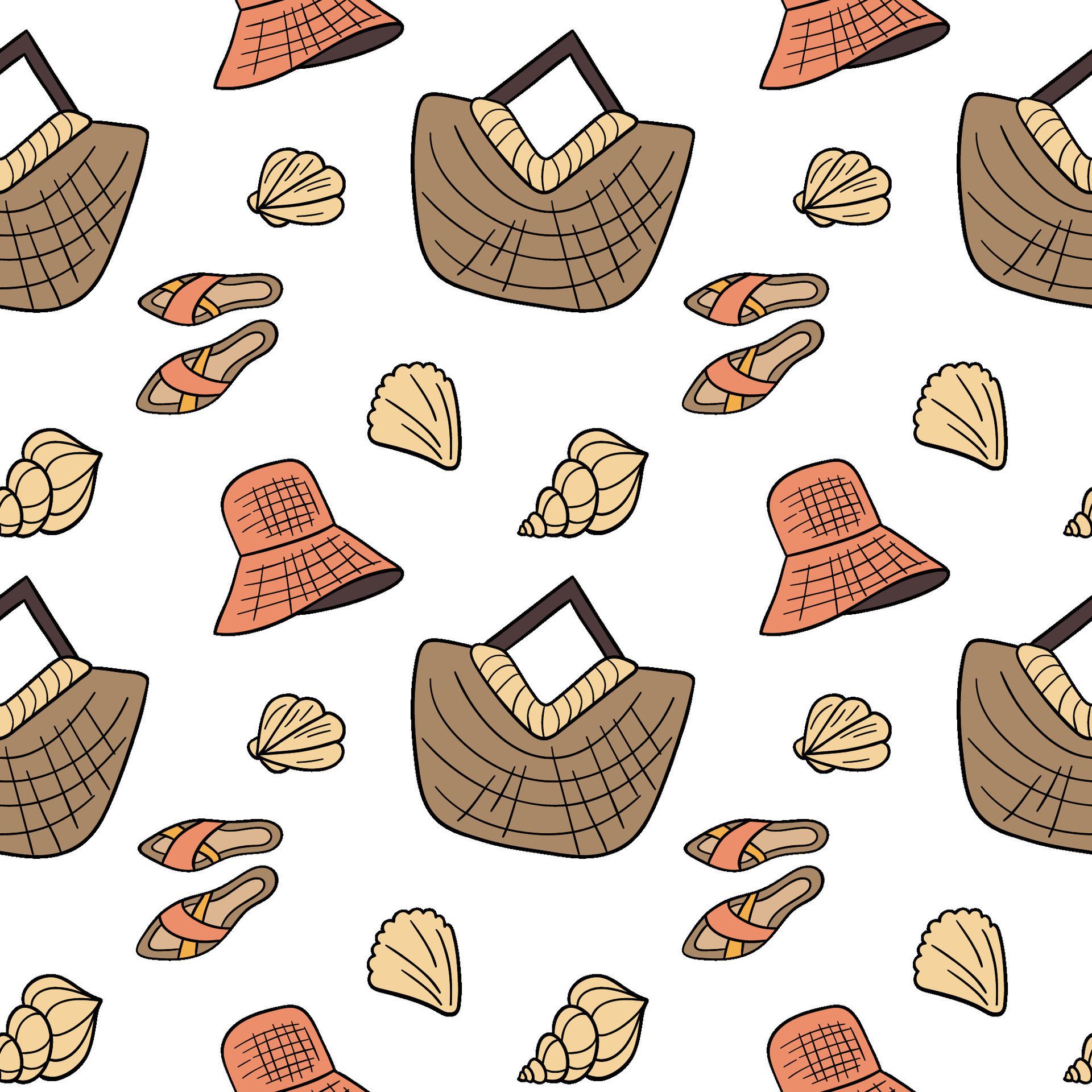 Simple summer seamless pattern. Beach bag, flip flops and various holiday items. Free Vector