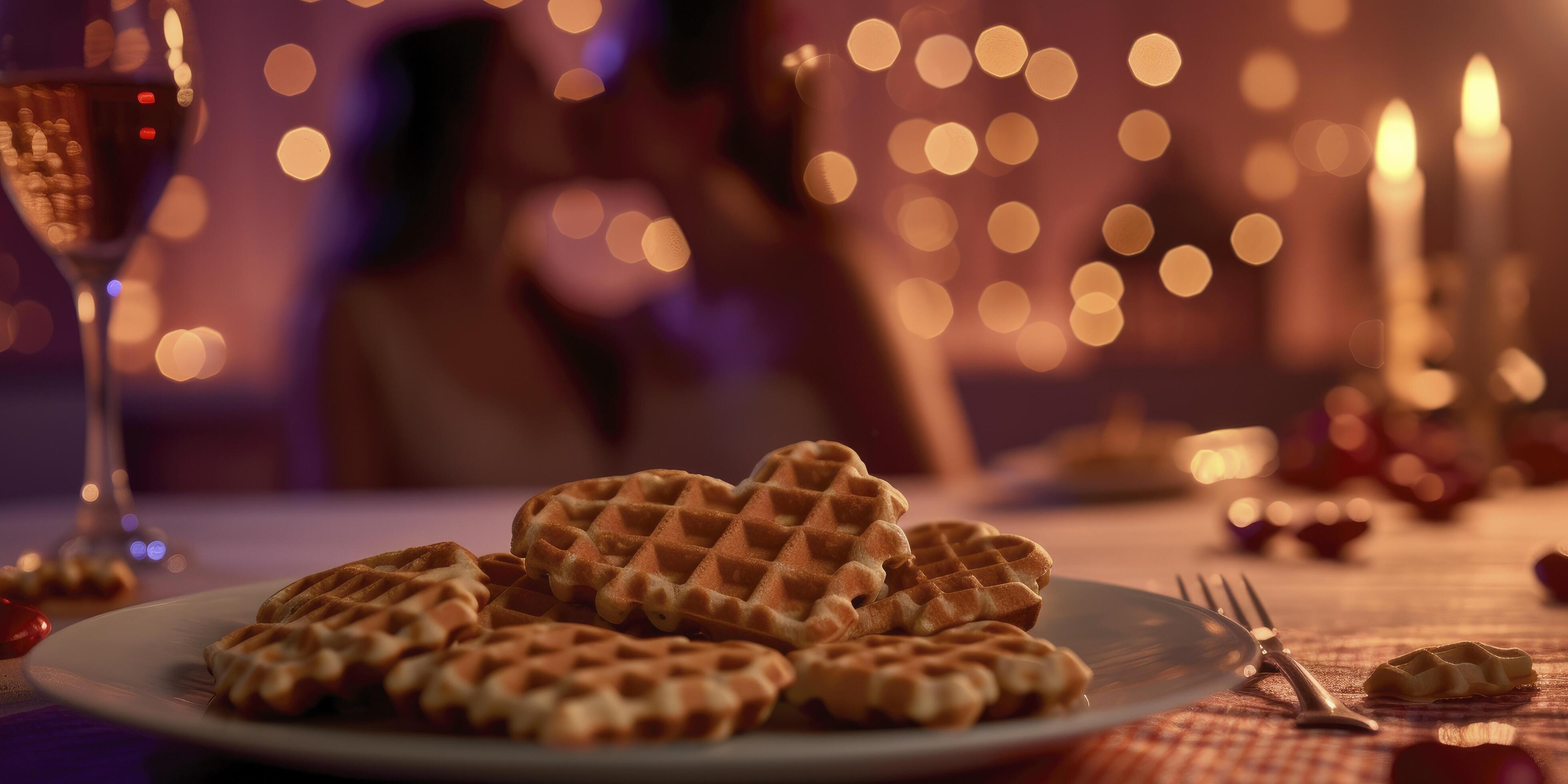 AI generated Romantic Breakfast, Heart-shaped waffles on a table set for two, a couple on the brink of a kiss. Perfectly adorned for Valentine’s Day. Stock Free