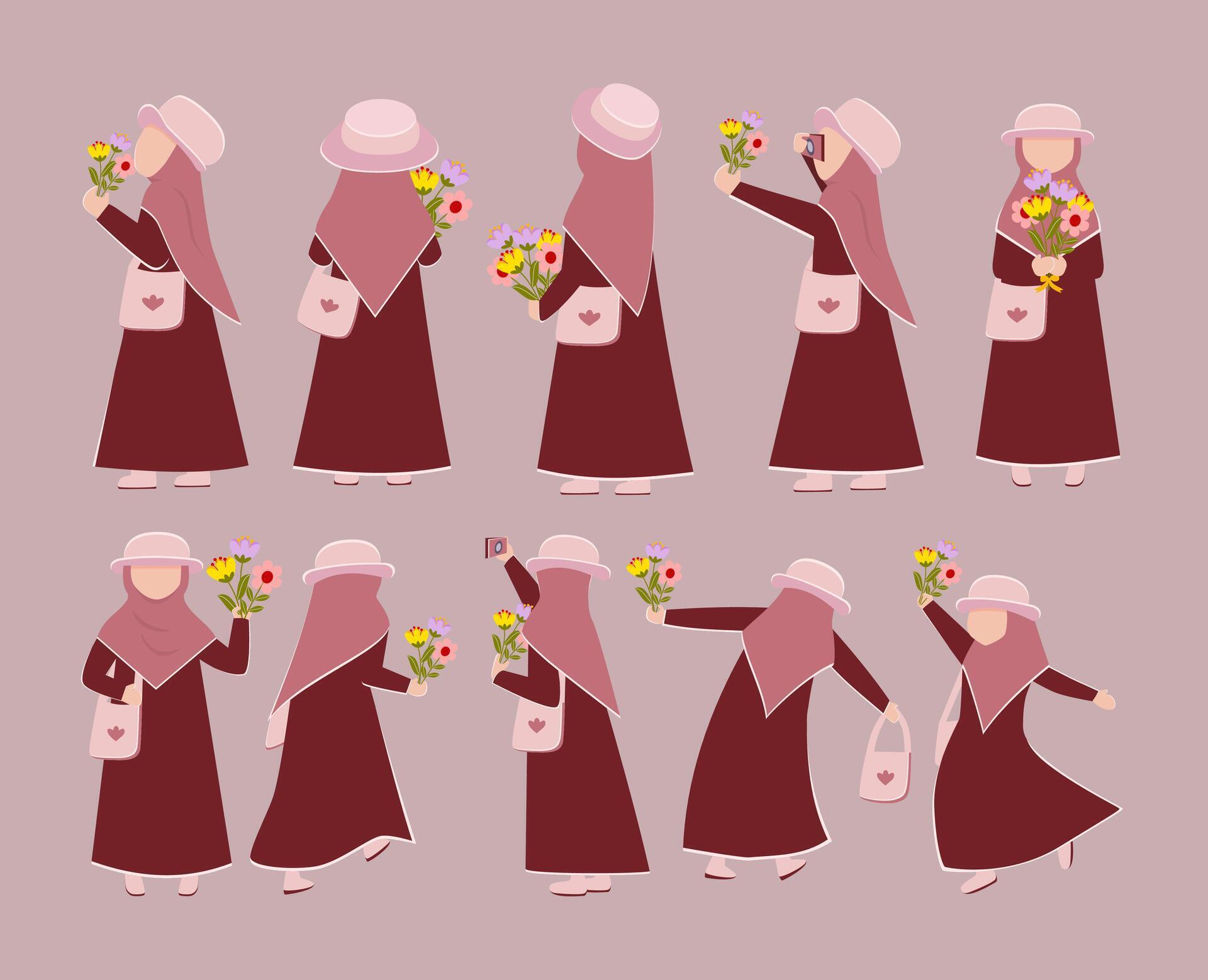 Vector illustration set of happy Muslim girl holding flowers in several variations of poses. Hobby and leisure concept. Stock Free