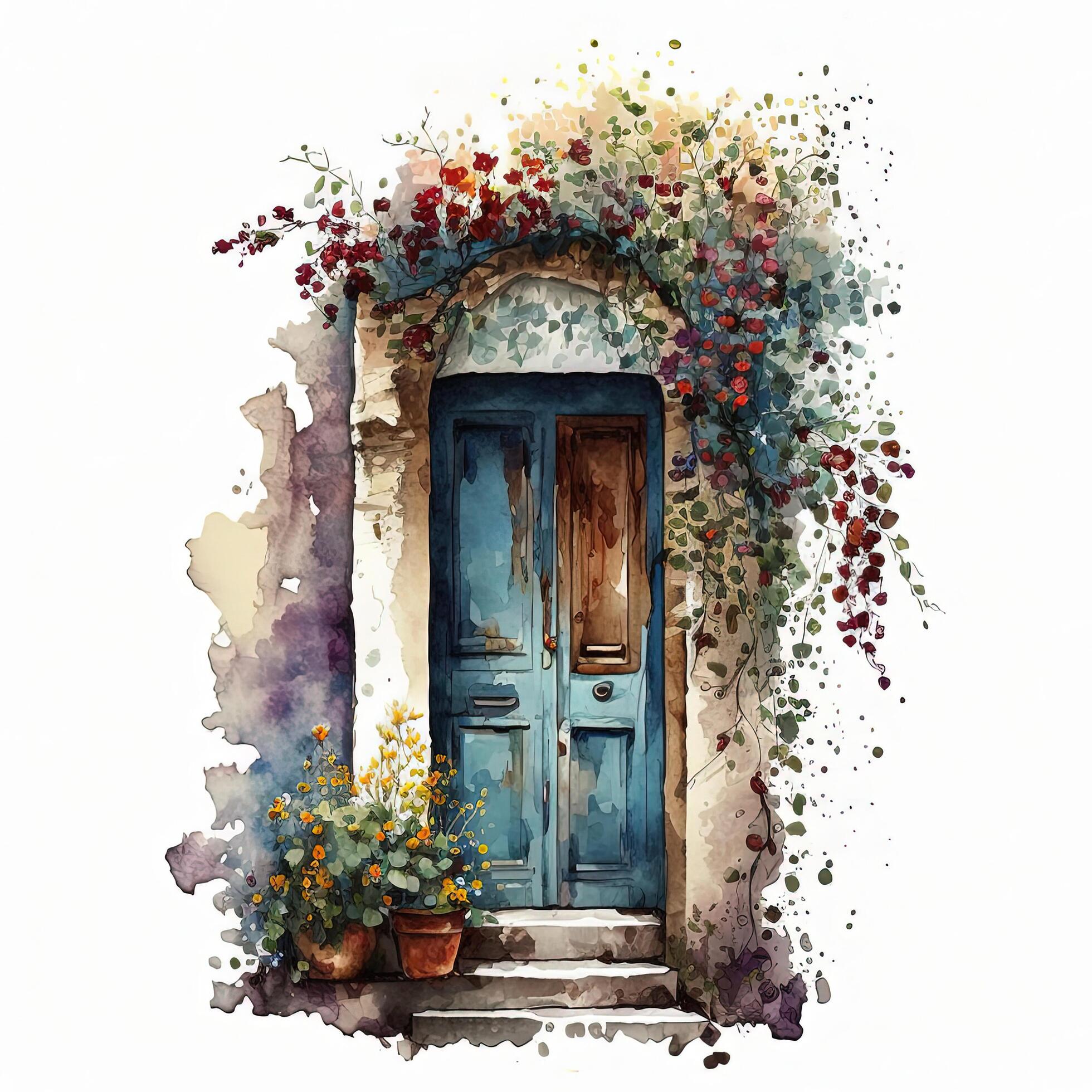 Cozy door with flowers watercolor. Illustration Stock Free