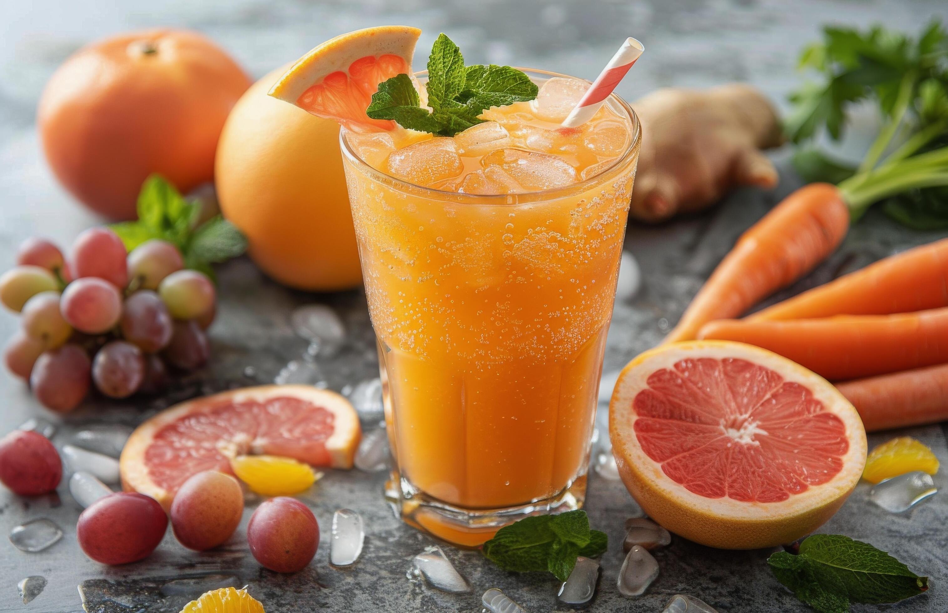 Refreshing Carrot, Grapefruit, and Grape Juice With Ice and Mint Stock Free