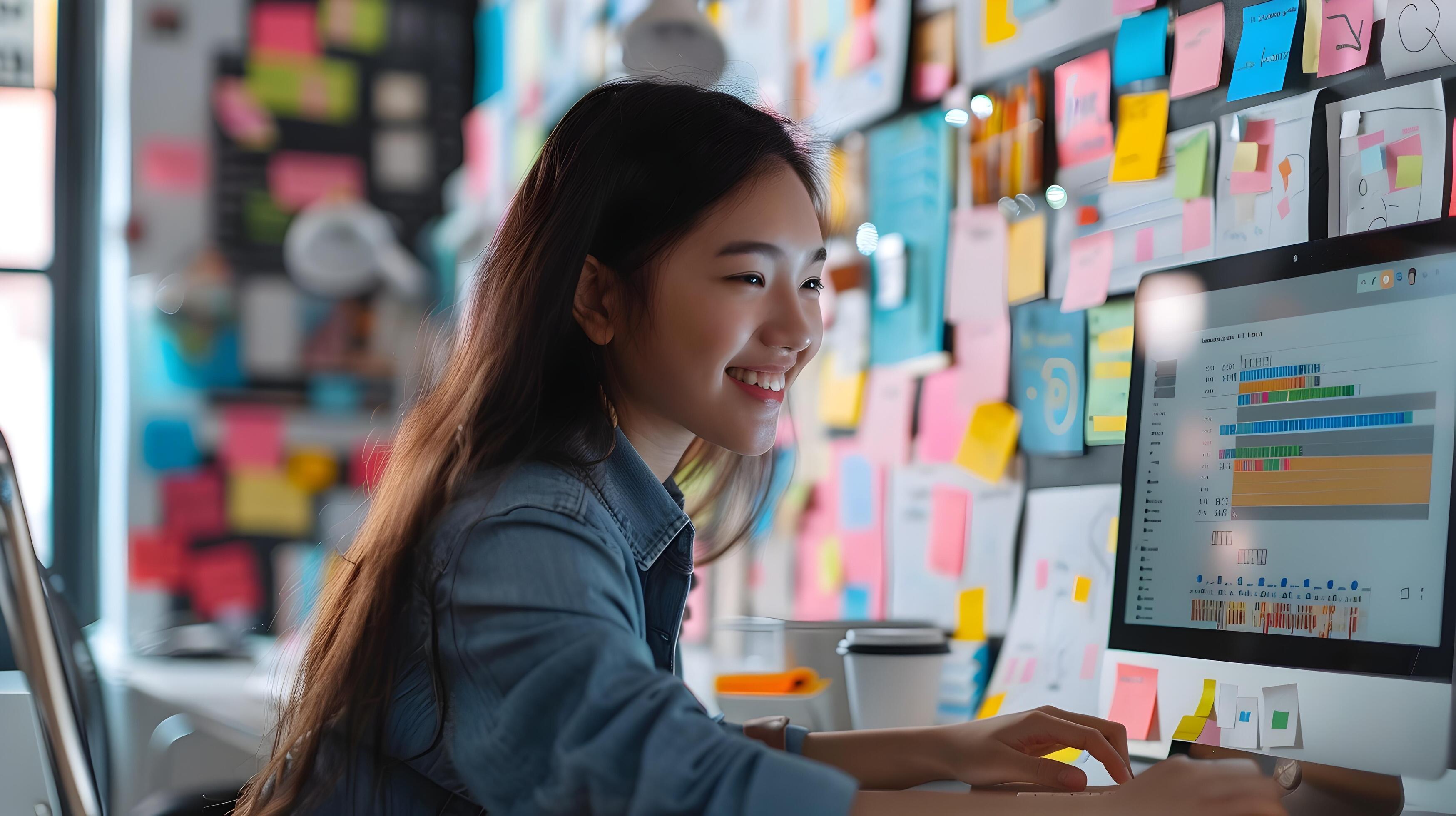 Confident Young Female UX Designer Working Diligently at Office Desk Stock Free