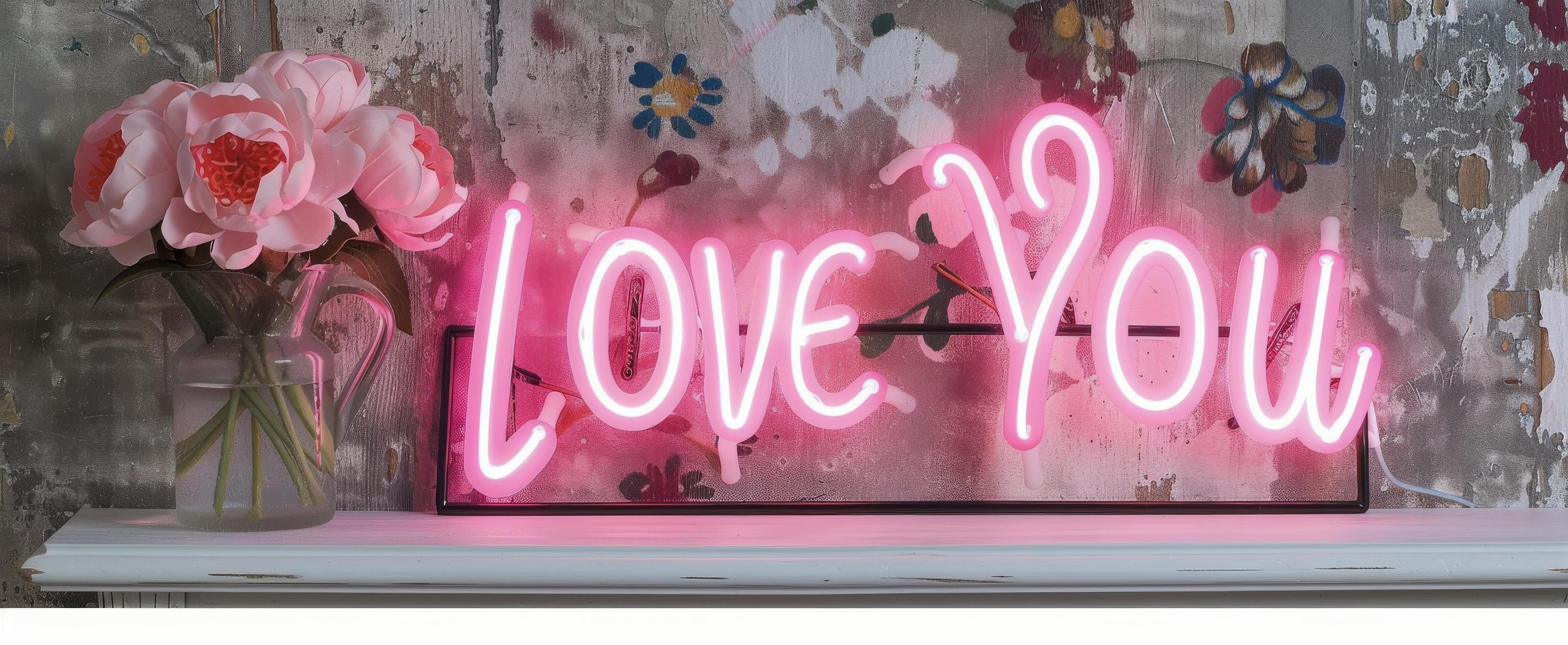 Neon Love You Sign With Pink Flowers Against Rustic Background Stock Free