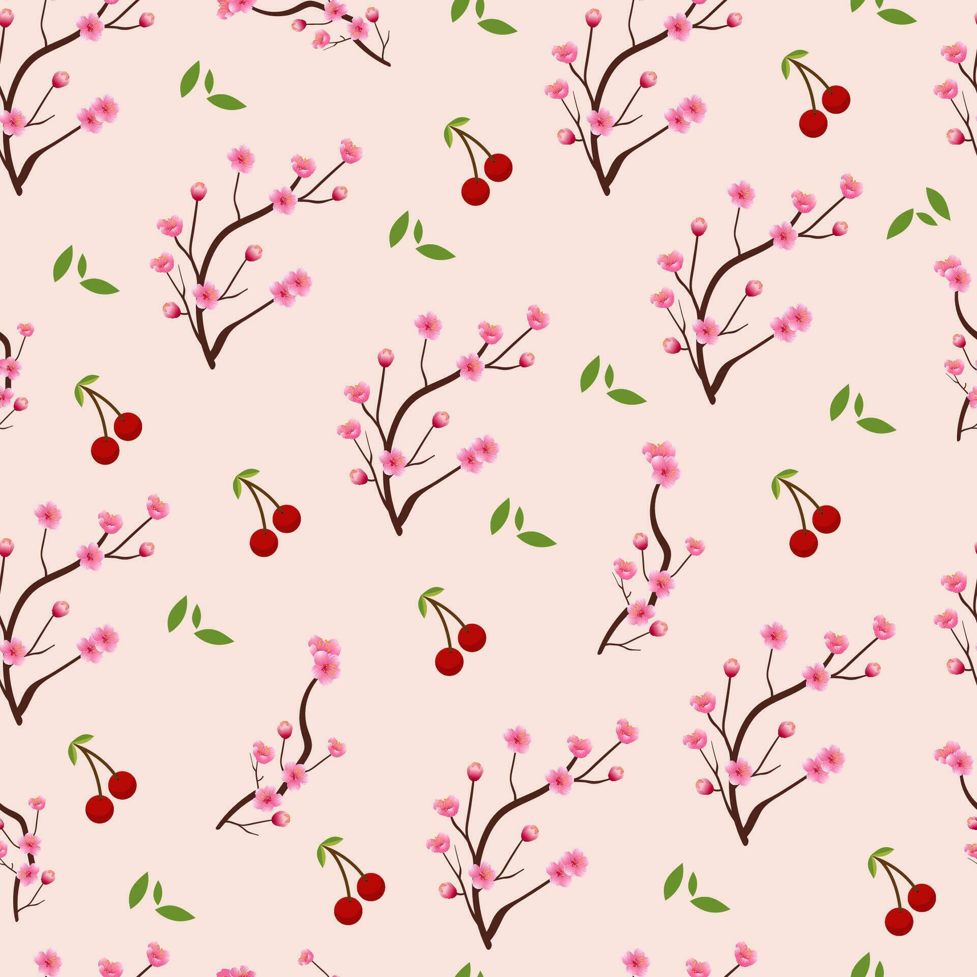 Vector seamless pattern with red cherry berries with Beautiful Cherry blossom flowers. Stock Free