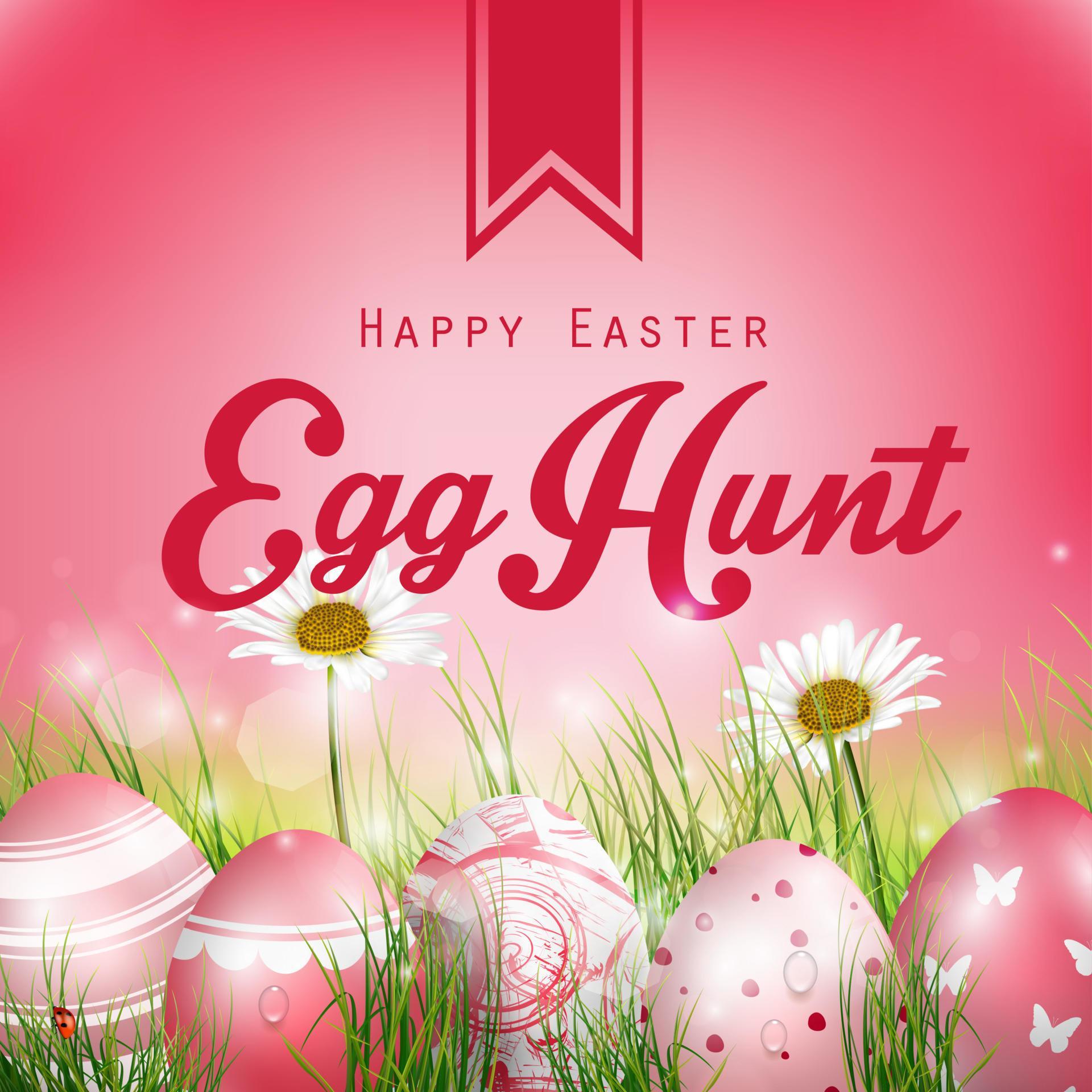 Beautiful Easter Red Background with flowers and colored eggs in the grass.Vector Stock Free