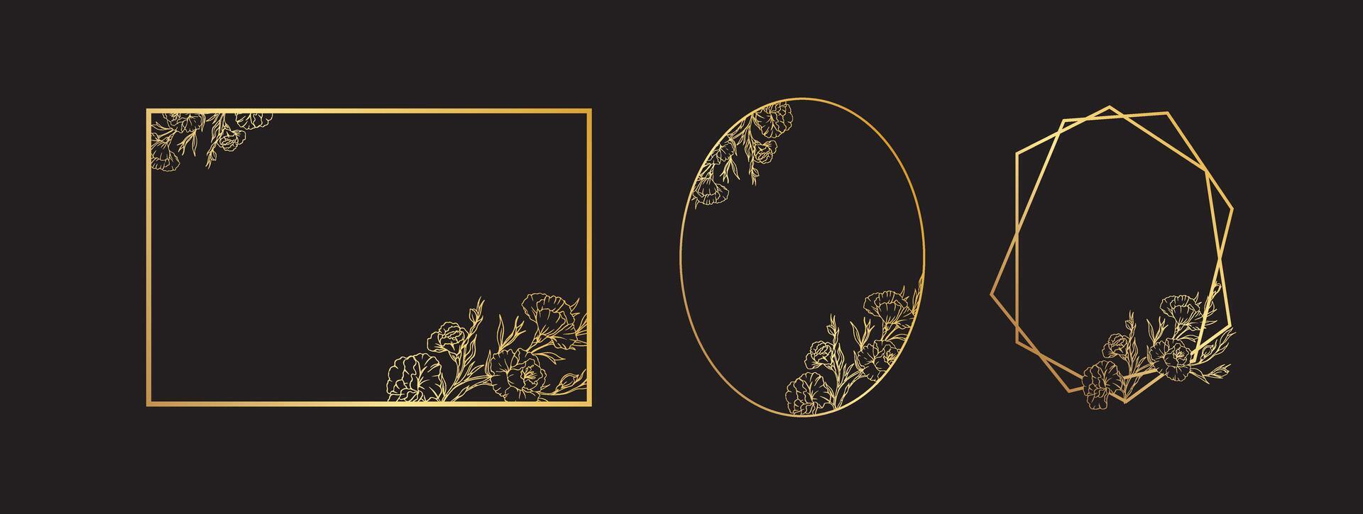 Luxury floral geometric frames, golden botanical border design, elegant line art design of flowers and leaves frames for invitation. illustration Pro Vector