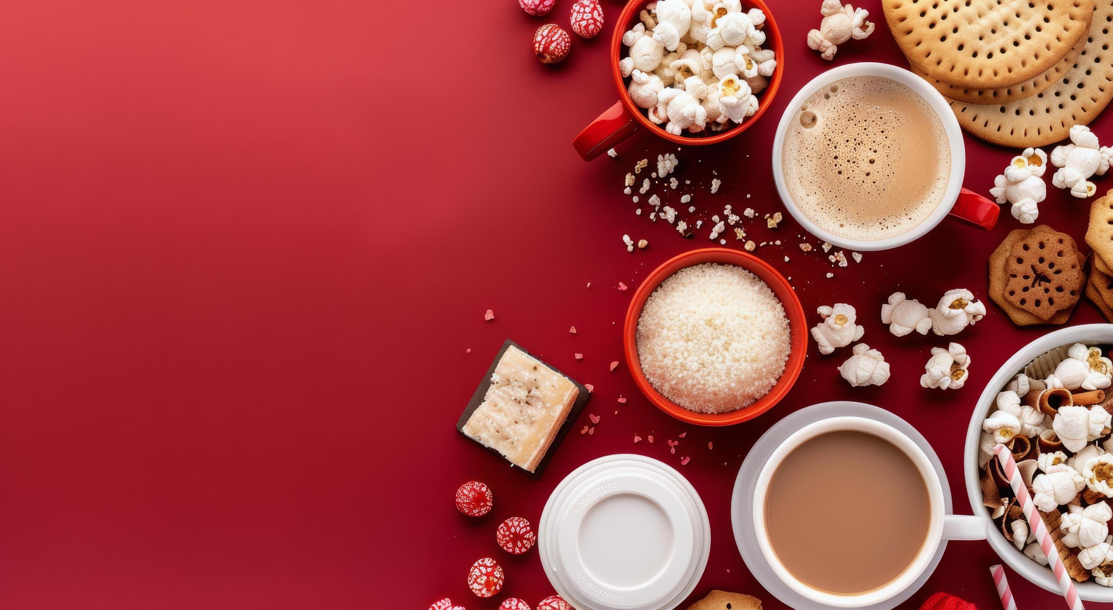 Cozy Hot Beverage and Treats on Red Background With Popcorn and Cookies Stock Free