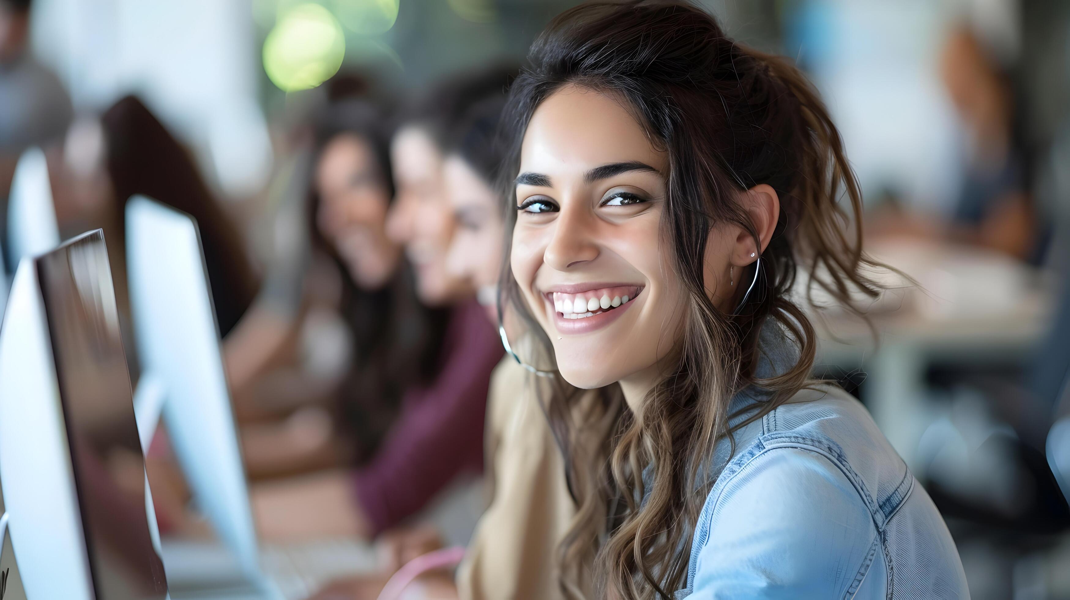 Cheerful Young Professional Smiling Confidently in Bright Modern Office Setting Stock Free