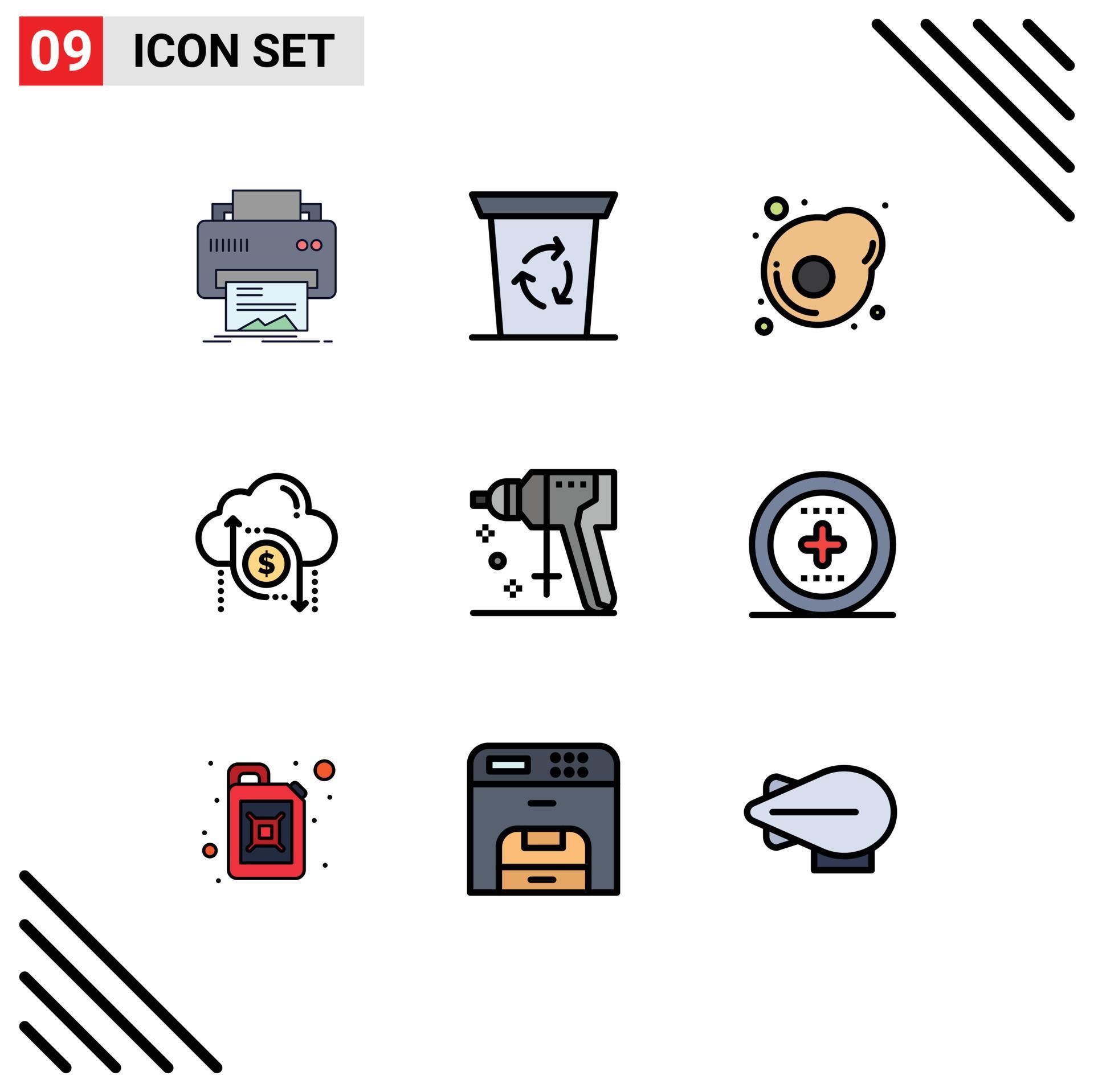 Mobile Interface Filledline Flat Color Set of 9 Pictograms of perforator money breakfast arrow data Editable Vector Design Elements Stock Free