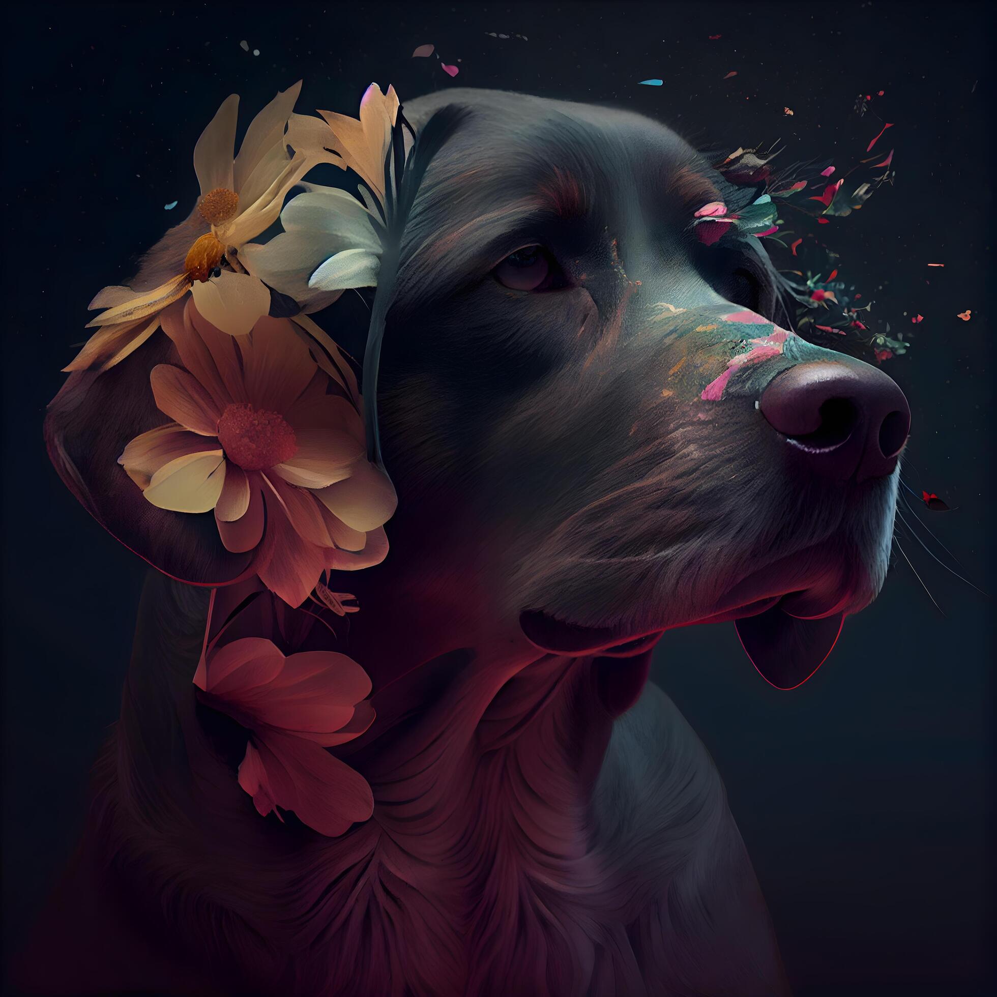 Portrait of a dog with flowers in the mouth on a dark background, Image Stock Free