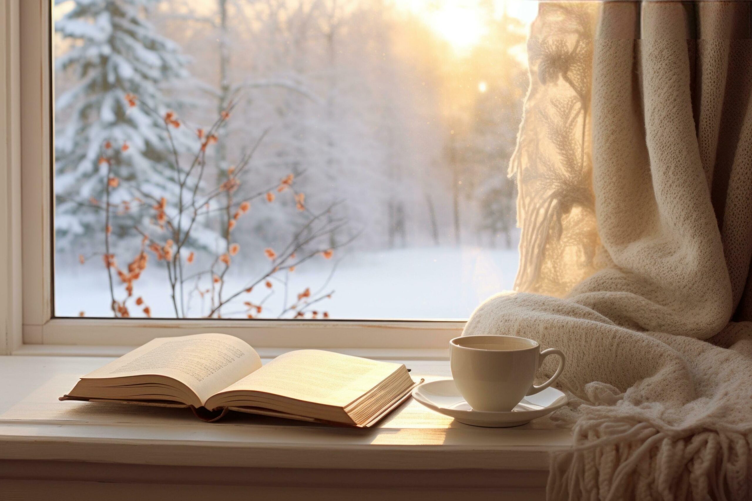 Winter aesthetic morning, warm knits, book, and a window view of snowy landscapes Free Photo