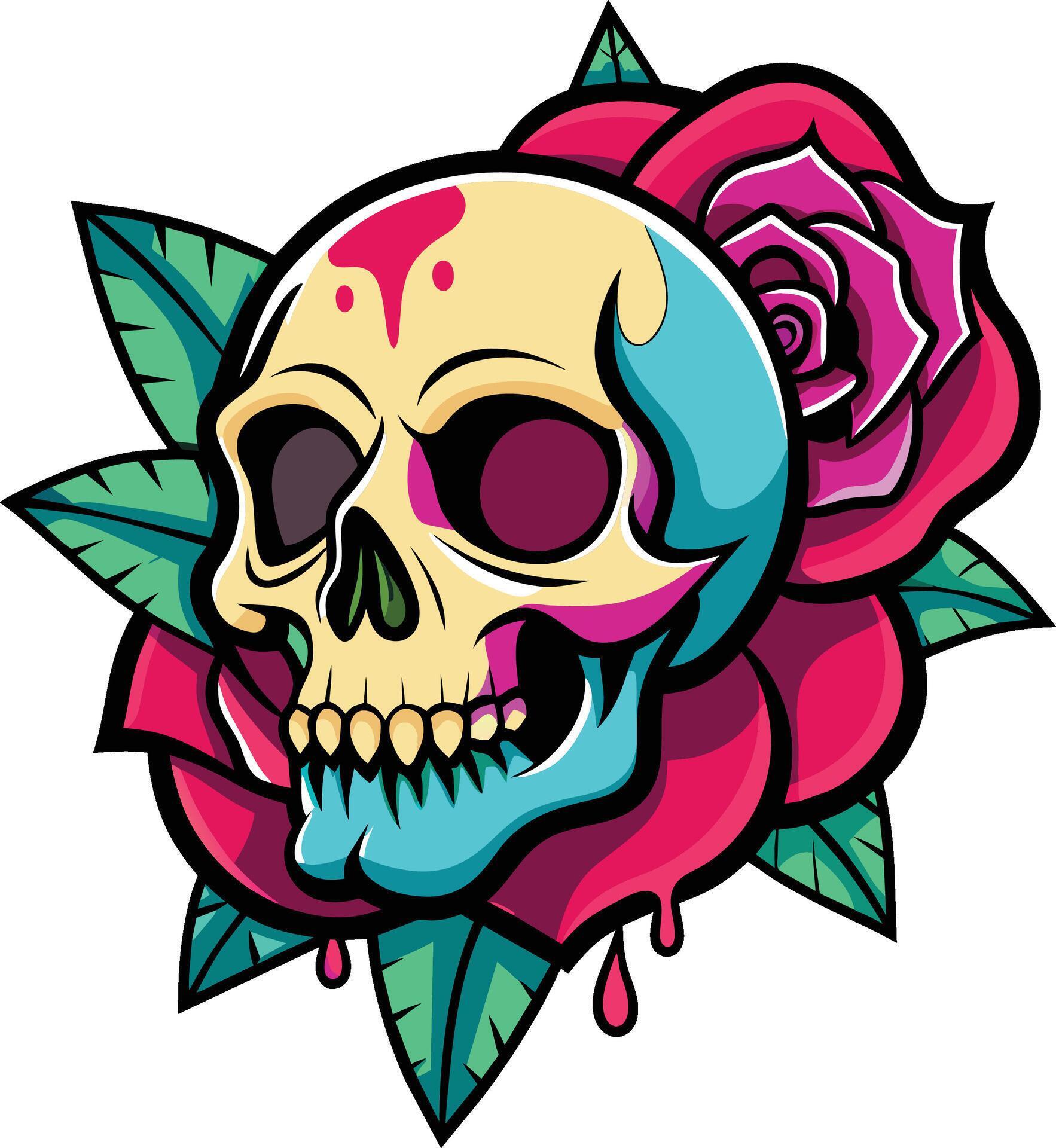 Skull with rose flower. Vector illustration of a skull tattoo. Stock Free