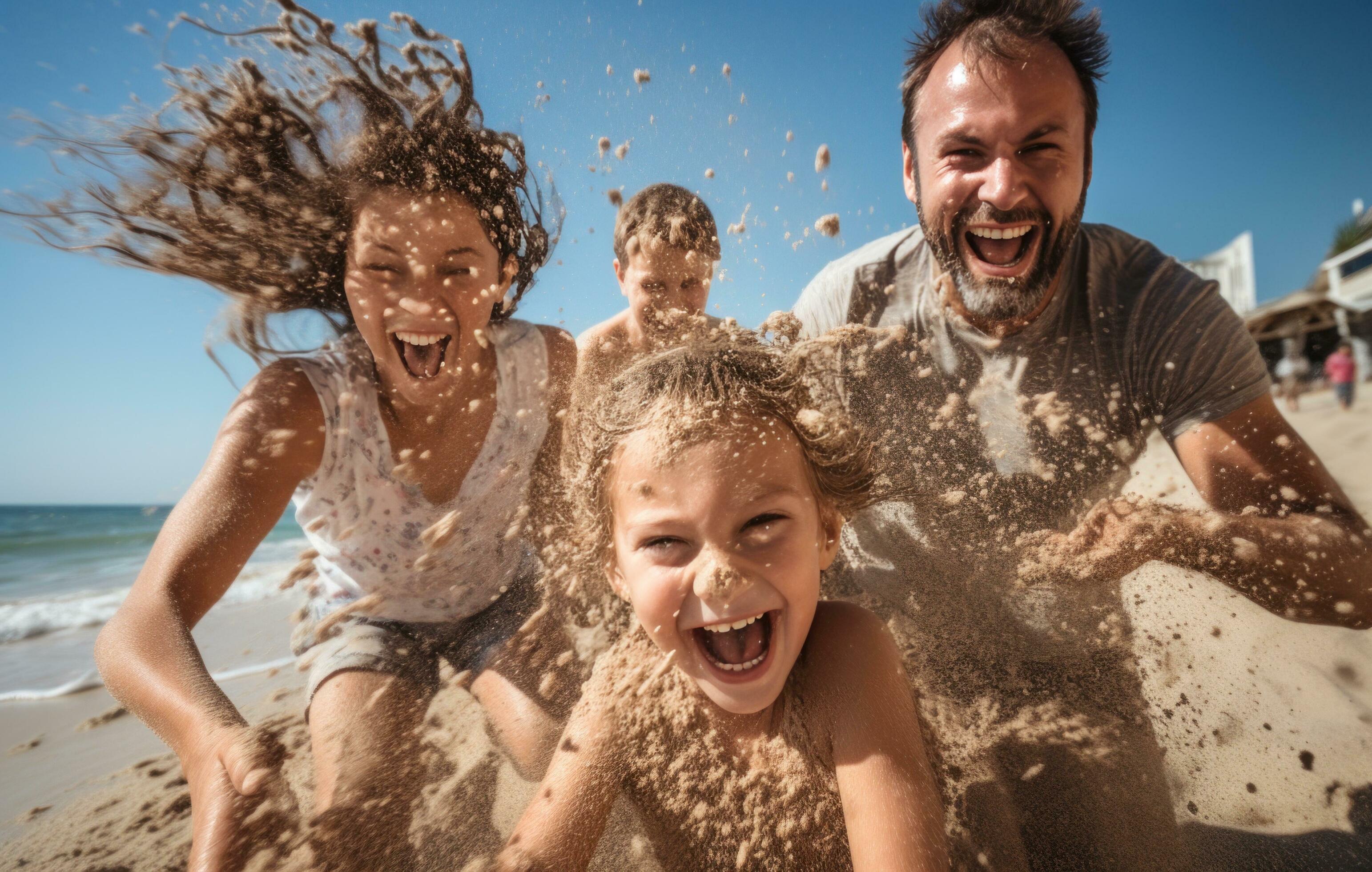 AI generated family in the sun has fun on the beach Stock Free