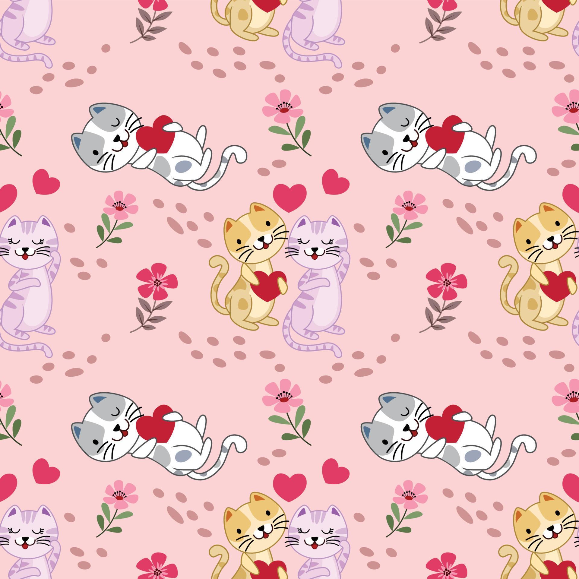 Cute cat with red heart shape in flowers garden pattern. Stock Free