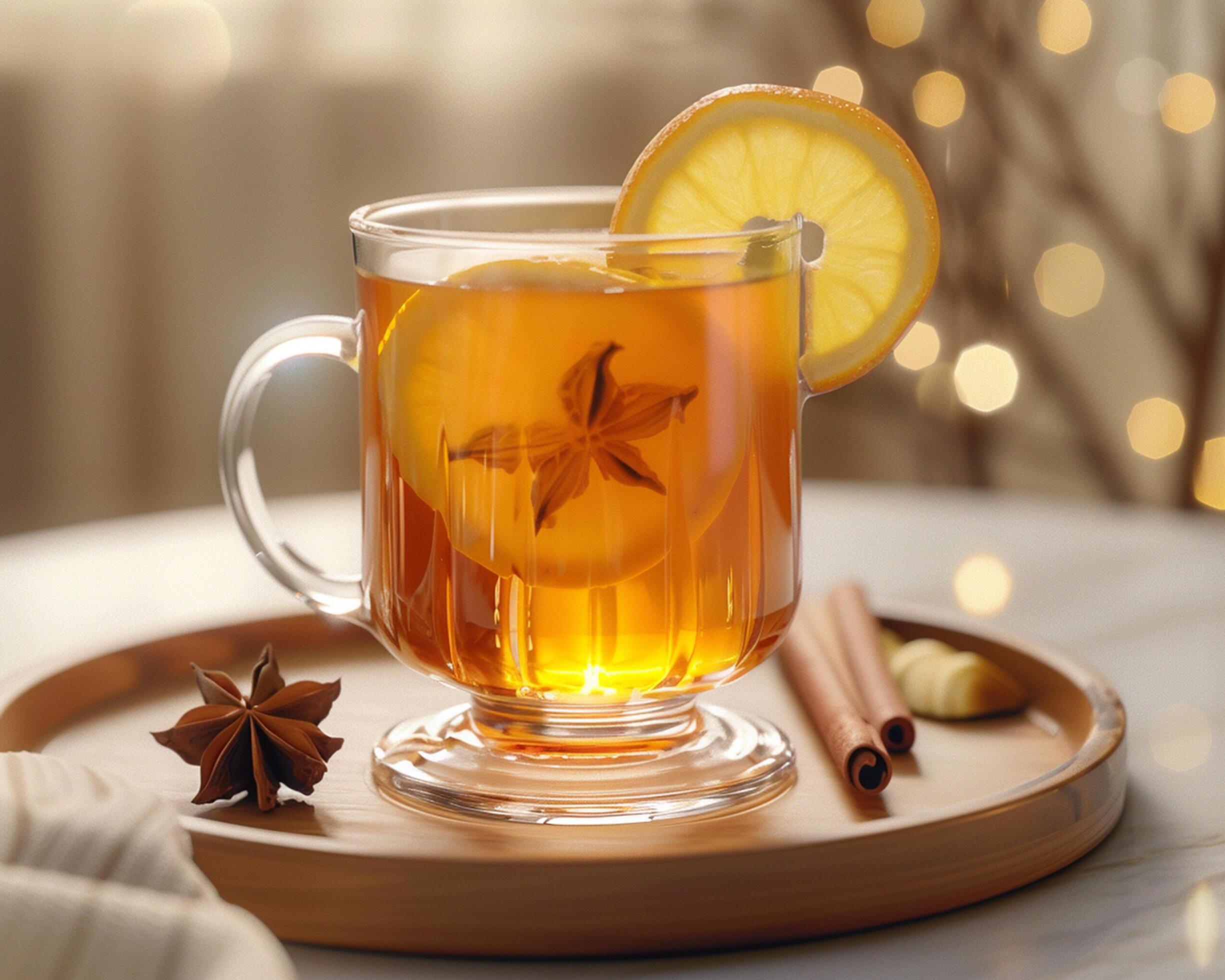 a glass of tea with lemon slices and cinnamon sticks Stock Free