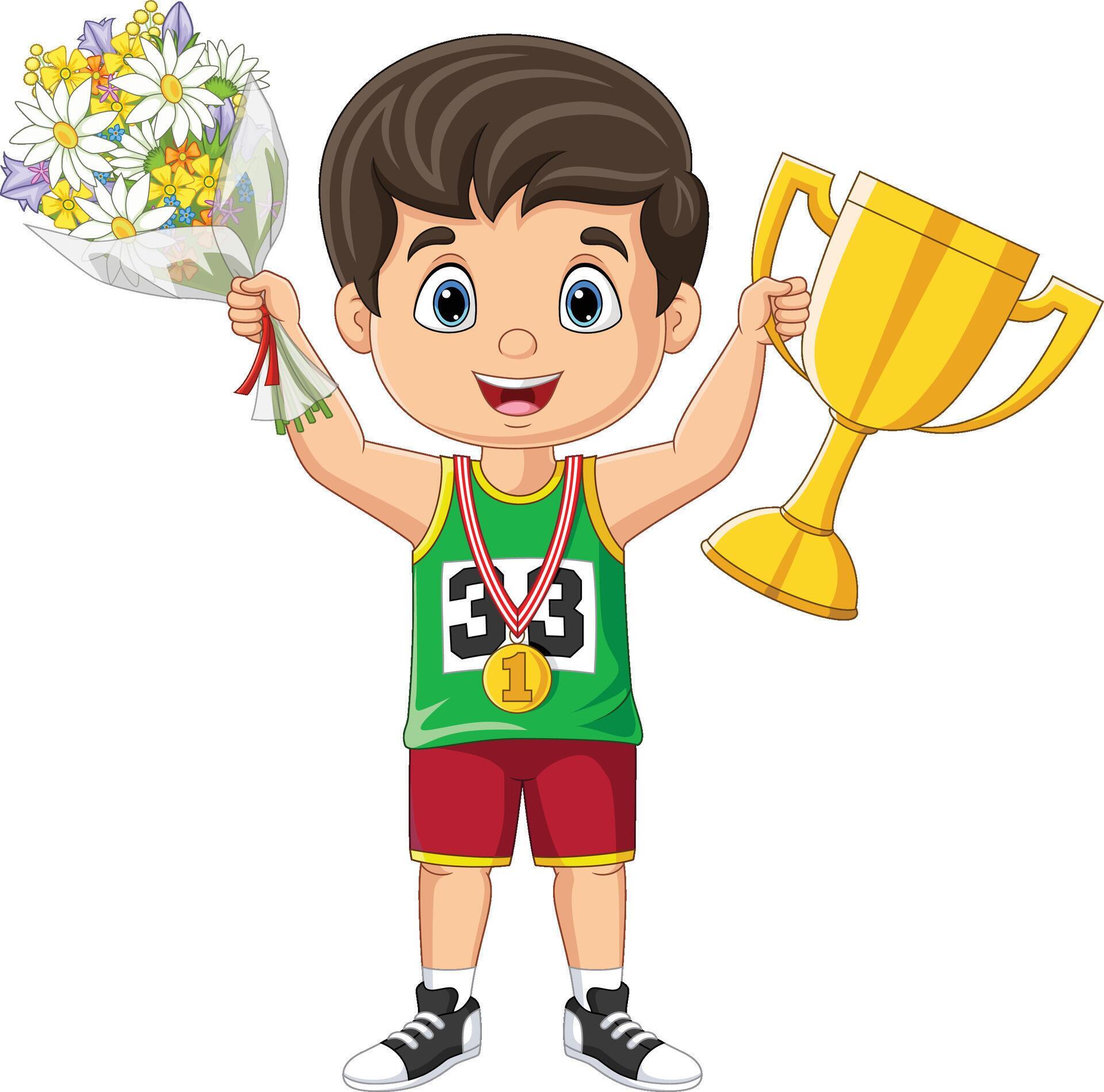 Cartoon little boy holding gold trophy and bouquet of flowers Stock Free