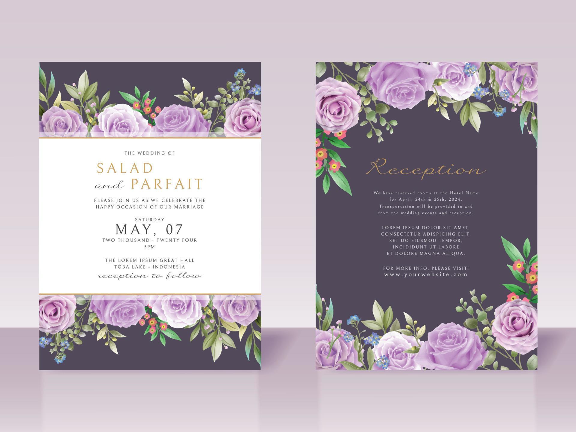 Wedding invitation card template with purple flowers Stock Free