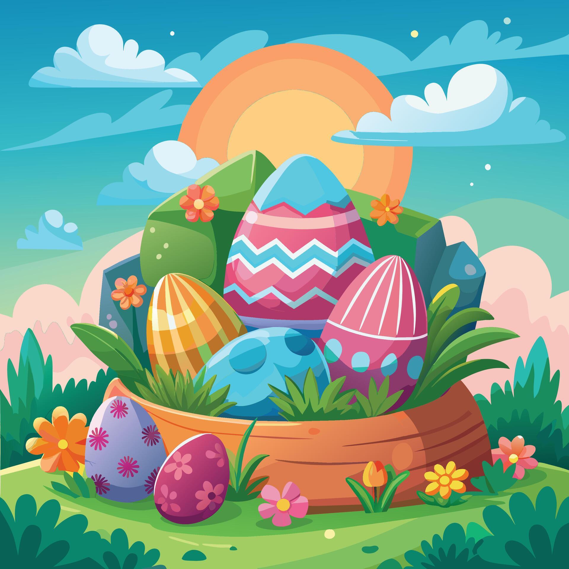 Easter eggs and flowers in the garden vector illustration graphic design. Stock Free