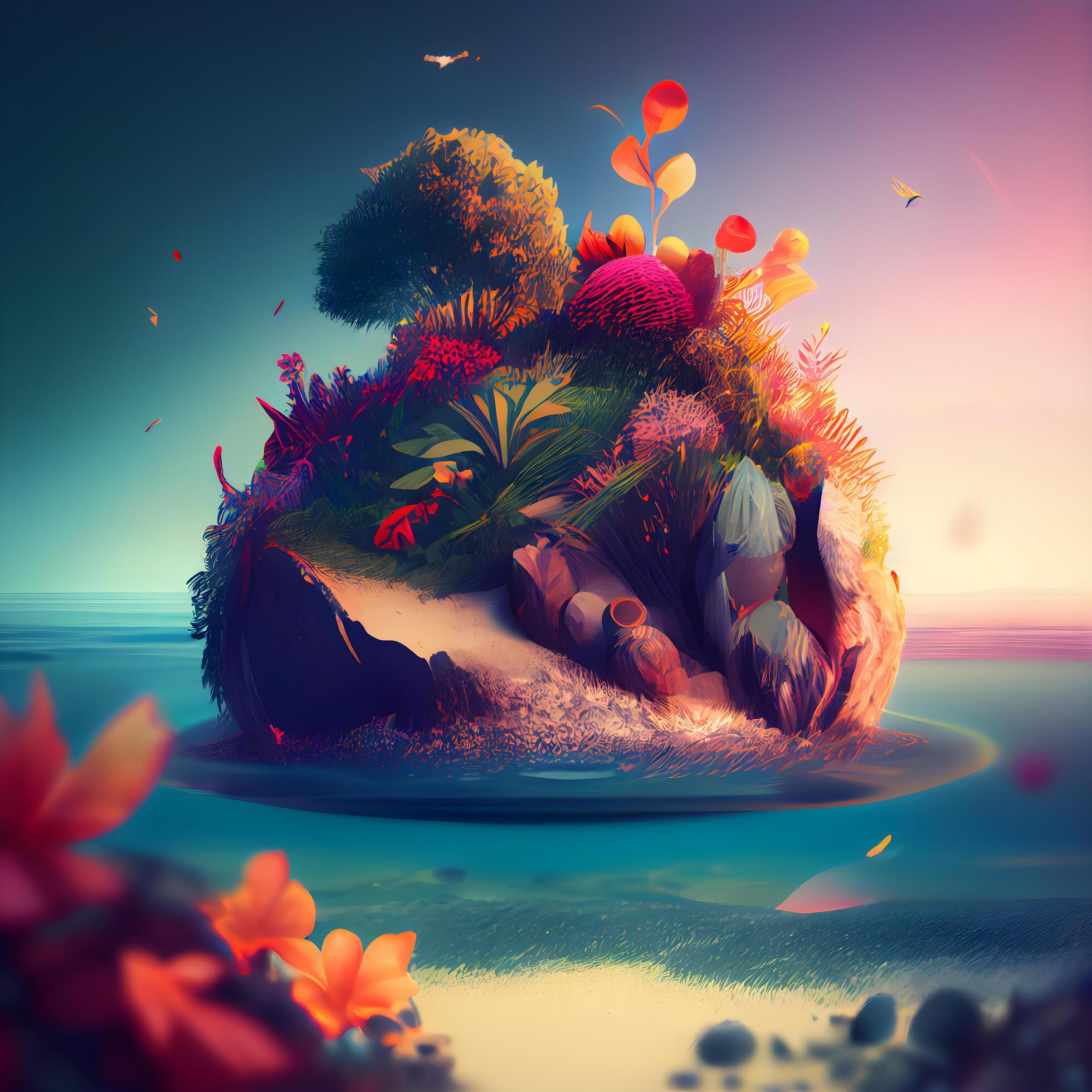 Beautiful island in the sea with flowers and plants. 3d render, Image Stock Free