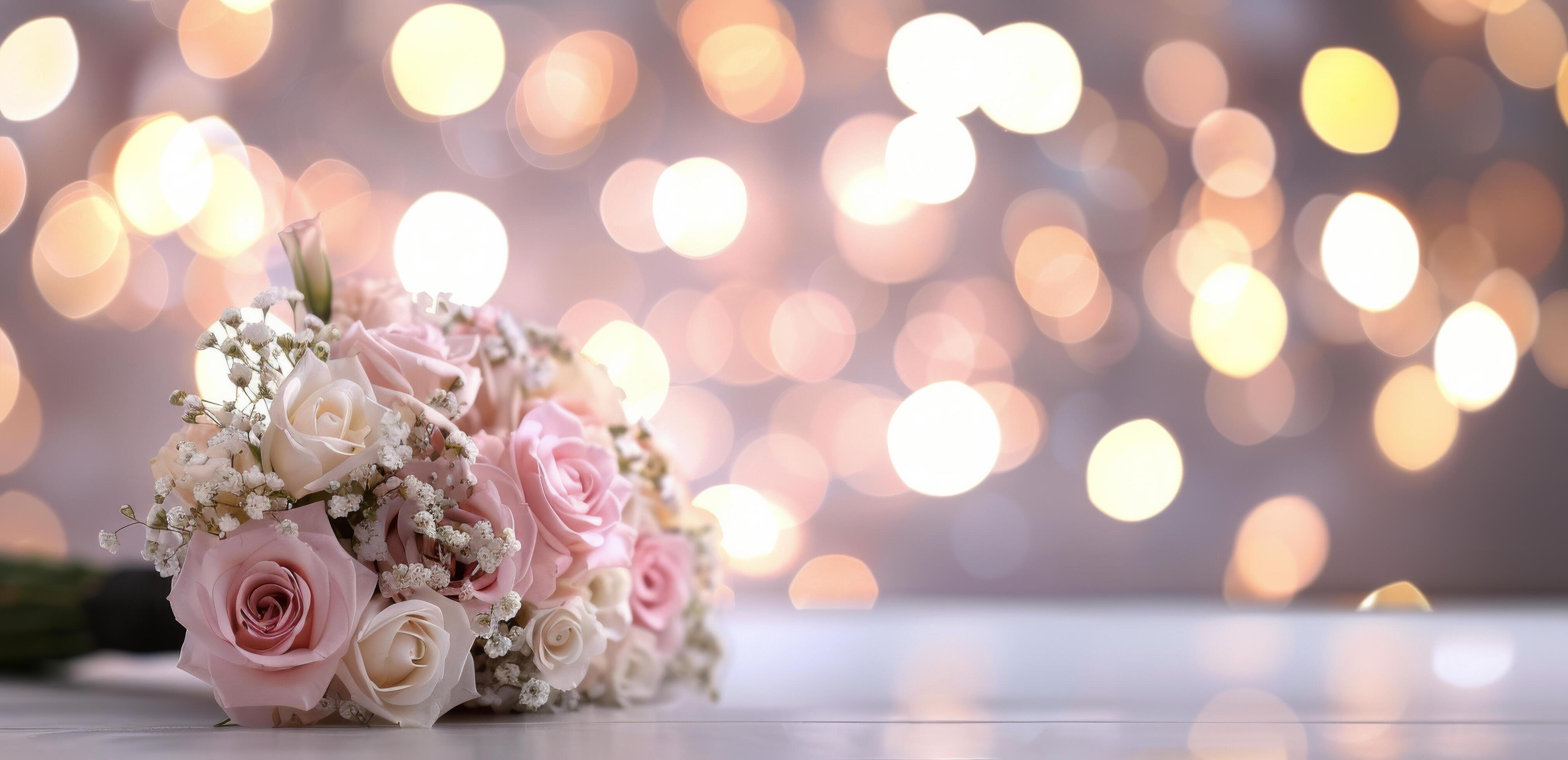 Elegant Bridal Bouquet With Pastel Roses and Bokeh Background at Wedding Reception Stock Free