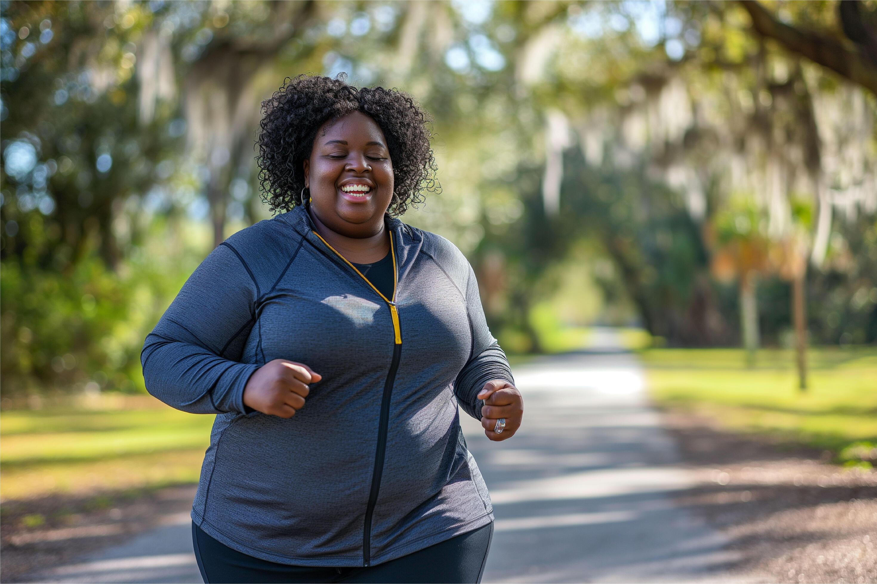 
									Happy plus size black woman jogging outdoors Stock Free