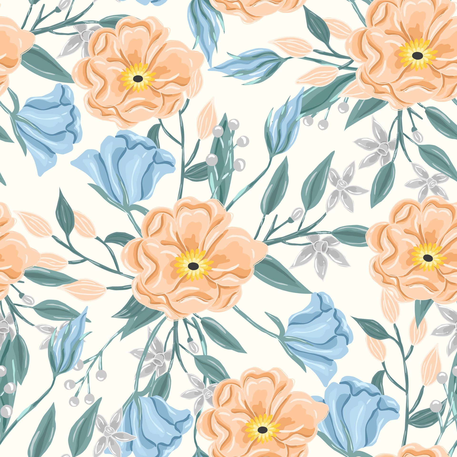 Hand Drawn Anemone and Jasmine Flower Seamless Pattern Free Vector