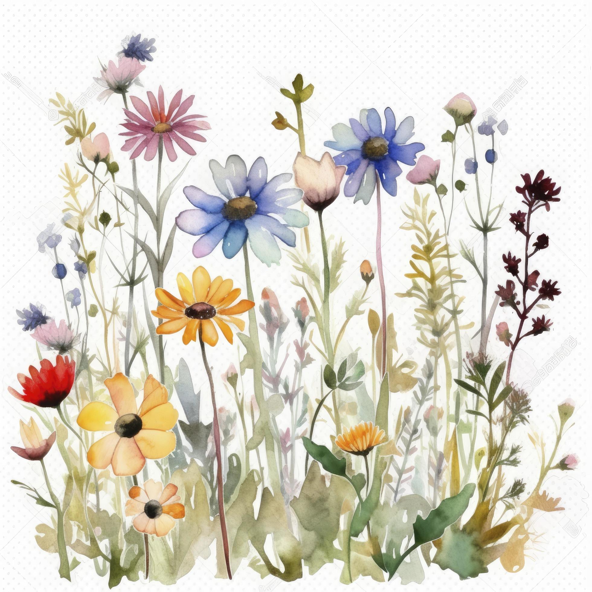 free meadow flowers watercolor and pastel color on white background , Generate Ai Stock Free